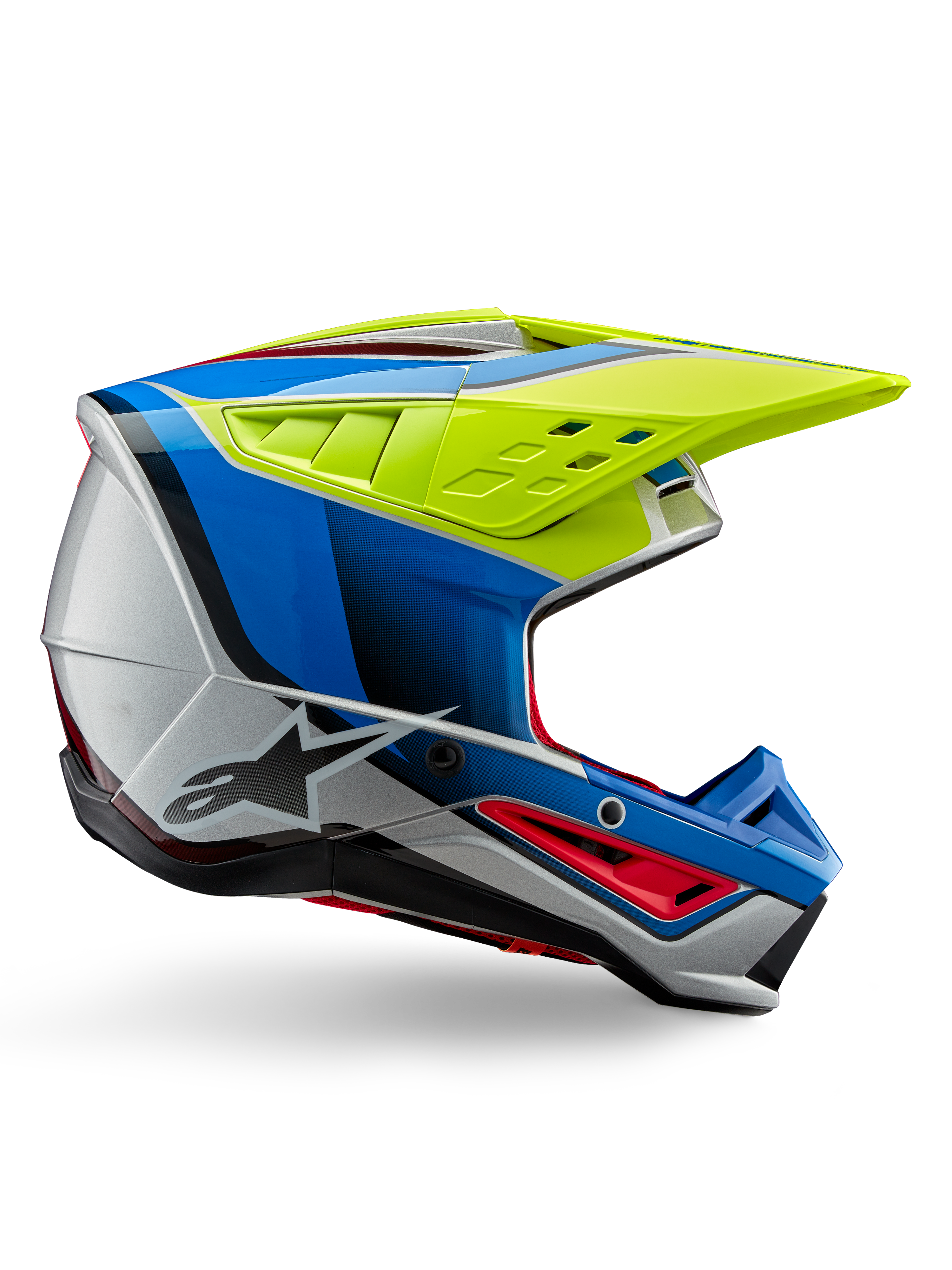 Alpinestars S-M5 Sail Helm ECE, Motocross-Helm, Gelb Fluo, Enamel Blau und Silber Glänzend, Seitenprofil mit roten Akzenten und schwarzem Stern-Logo, kantiges Design mit Belüftungsöffnungen, professioneller Offroad-Rennschutz