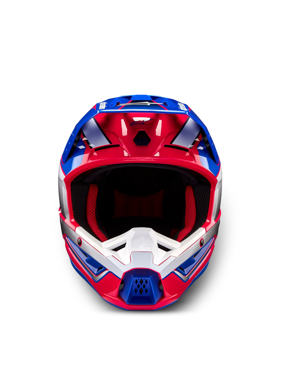 Alpinestars S-M5 Helm Sail, Motocross-Helm, Weiß, Diva Pink und Emaille-Blau, ECE 22.06 zertifiziert, frontale Ansicht.