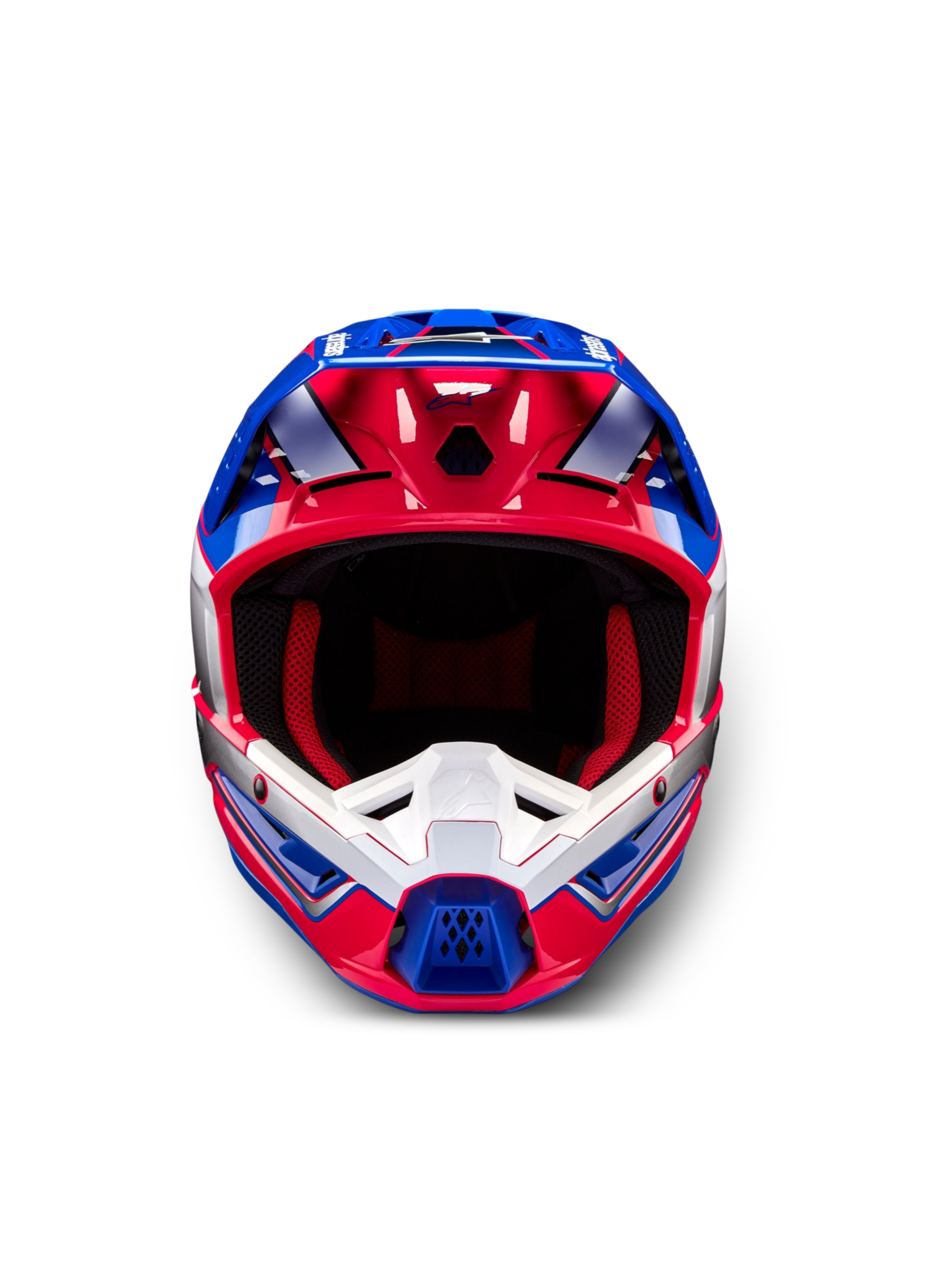 Alpinestars S-M5 Helm Sail, Motocross-Helm, Weiß, Diva Pink und Emaille-Blau, ECE 22.06 zertifiziert, frontale Ansicht.