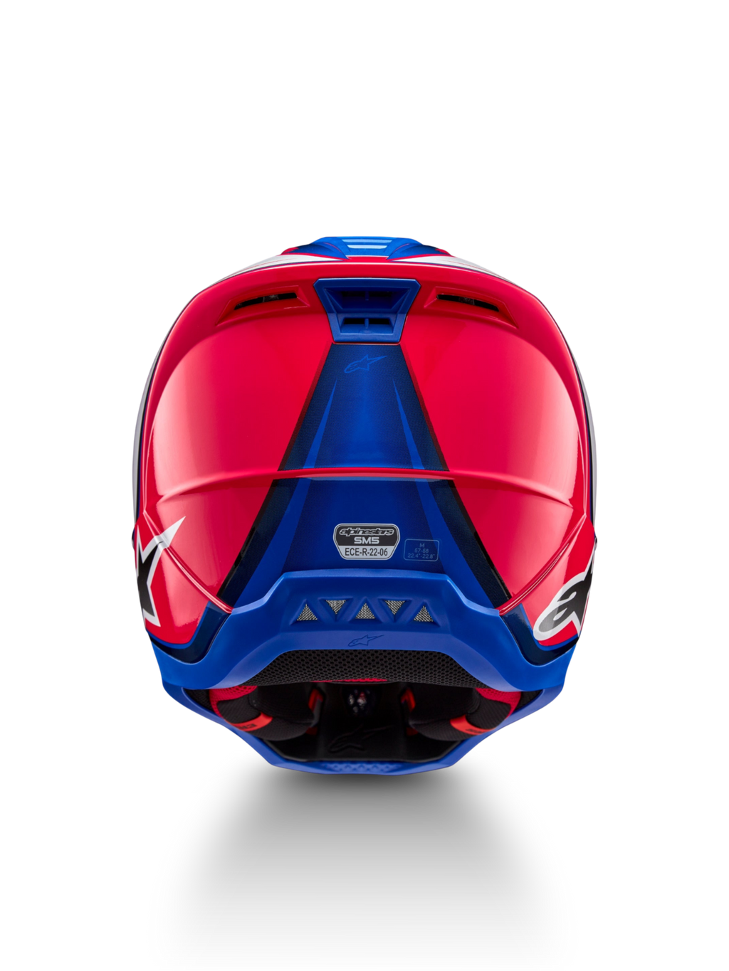 Alpinestars S-M5 Sail Helm, Motocross-Rennhelm, Diva Rosa und Emaille-Blau, Rückansicht mit ECE 22.06-Zertifizierung.