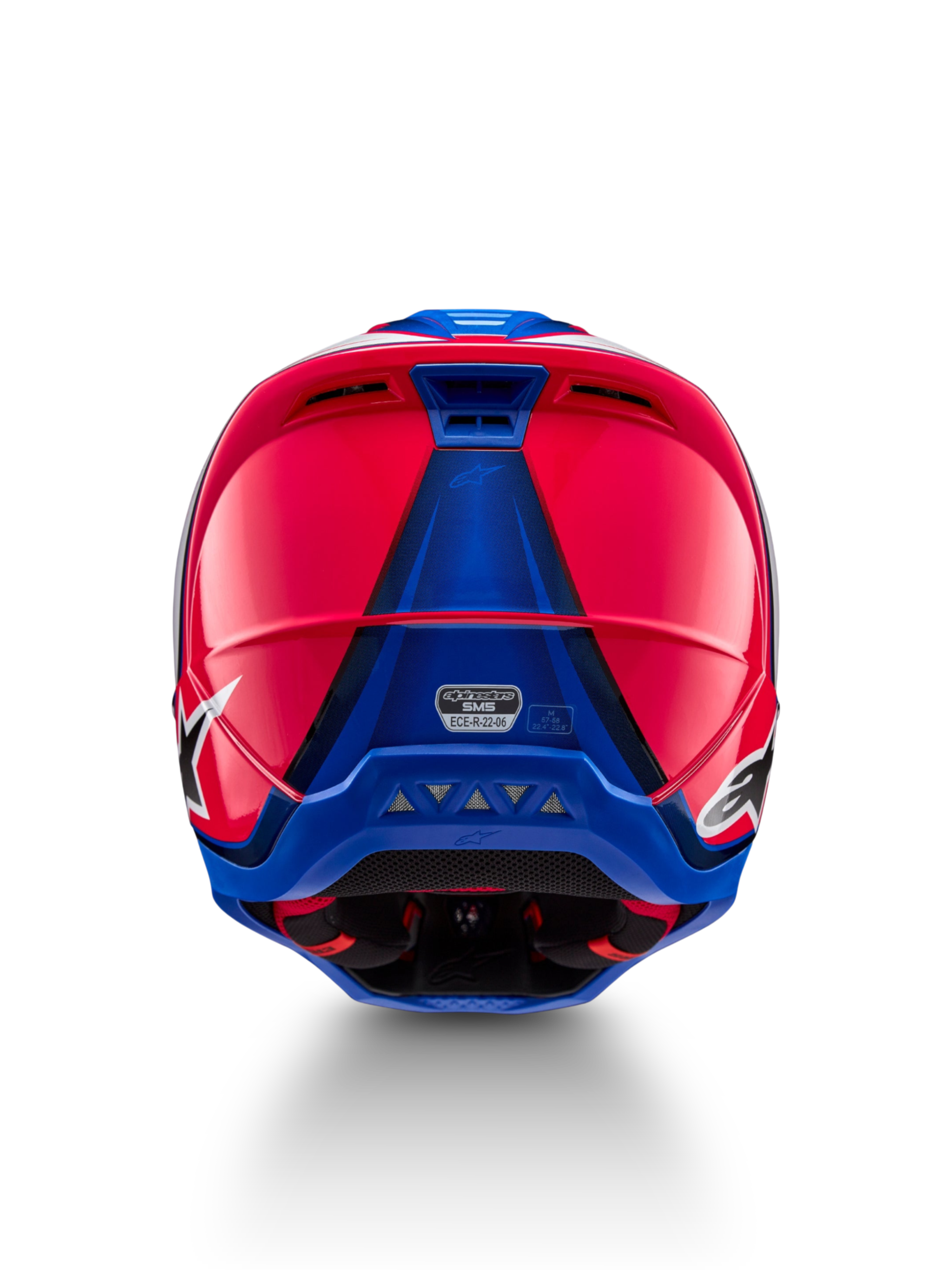 Alpinestars S-M5 Sail Helm, Motocross-Rennhelm, Diva Rosa und Emaille-Blau, Rückansicht mit ECE 22.06-Zertifizierung.
