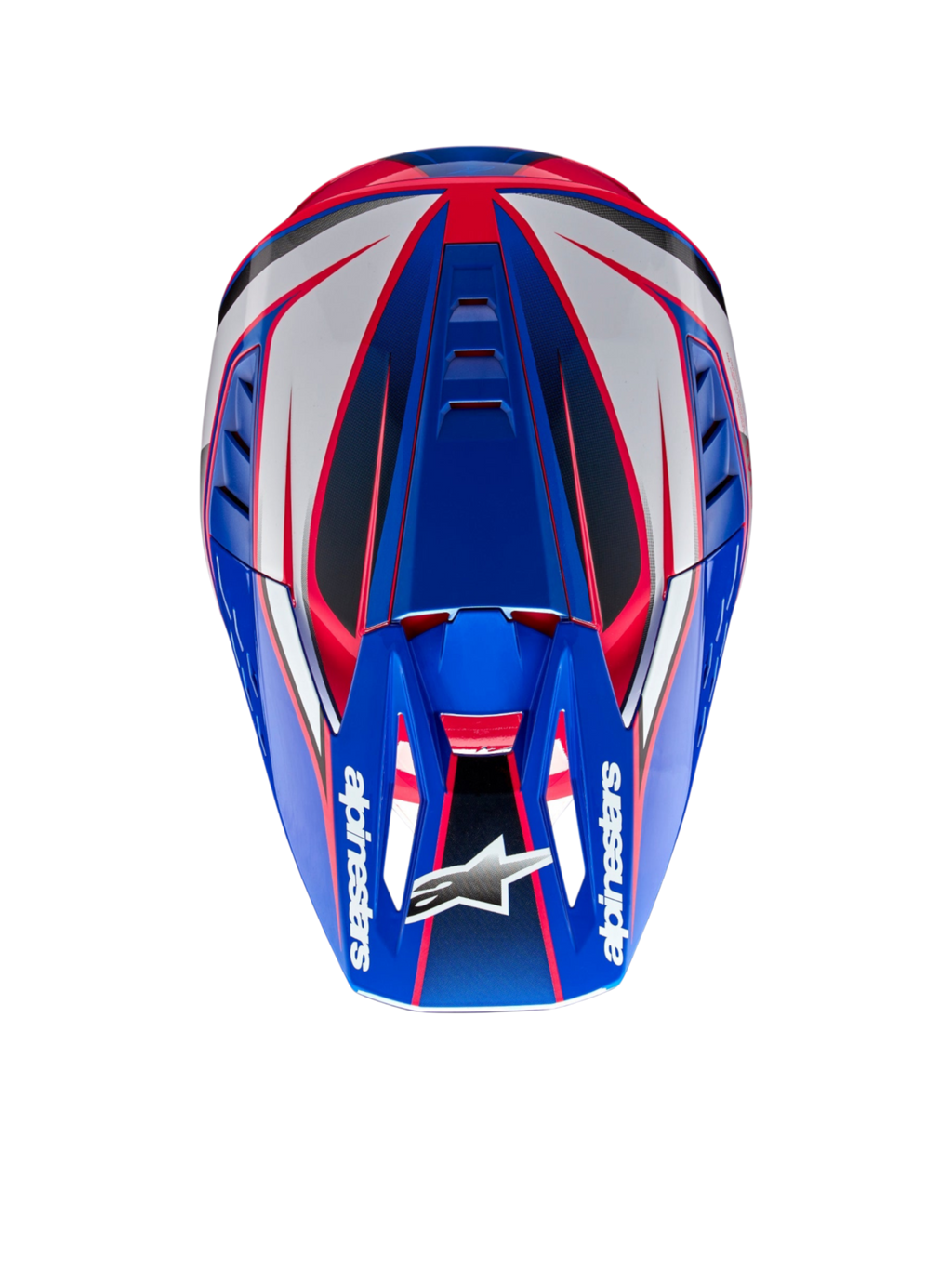 Alpinestars S-M5 Sail Helm, Motocross-Helm, Emaille-Blau, Weiß, Diva-Rosa, Draufsicht mit ECE 22.06-zertifizierter Schale.