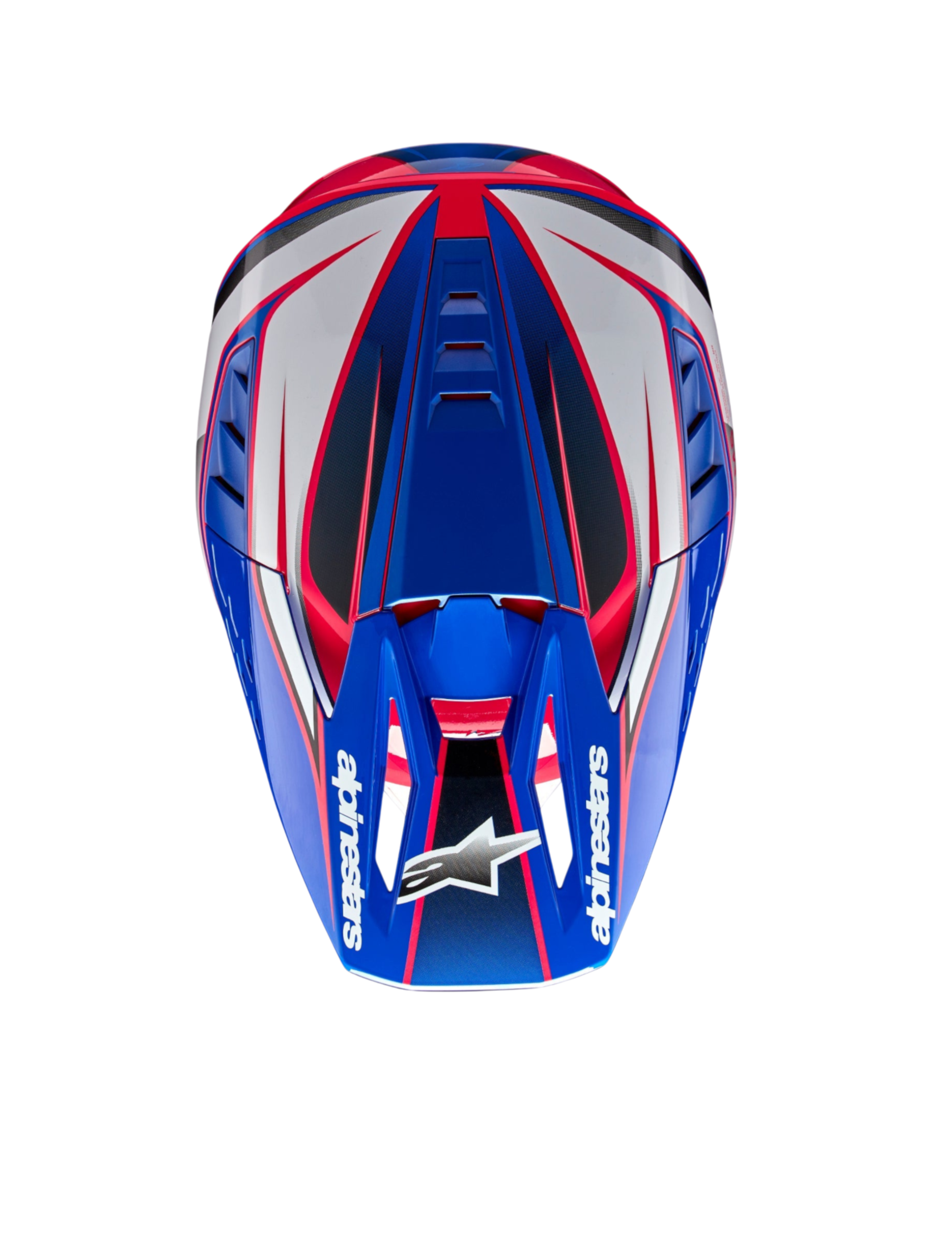 Alpinestars S-M5 Sail Helm, Motocross-Helm, Emaille-Blau, Weiß, Diva-Rosa, Draufsicht mit ECE 22.06-zertifizierter Schale.