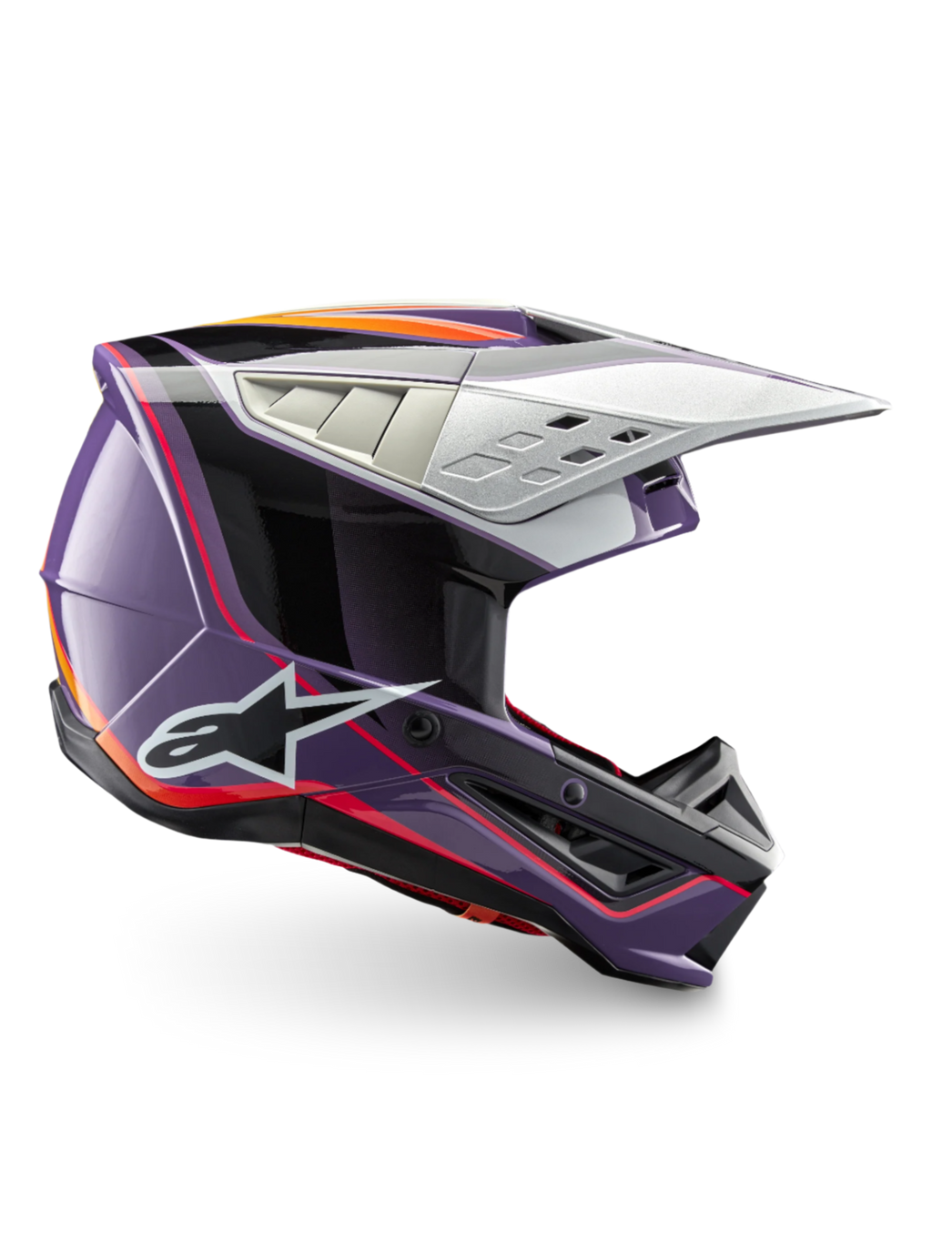 Alpinestars S-M5 Sail Helm, ECE 22.06 Motocross-Helm in glänzendem Violett, Schwarz und Silber für Offroad-Rennen.