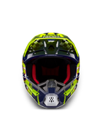 Alpinestars S-M5 Rash Helm, Motocrosshelm in Nachtmarine und Gelb Fluo, ECE 22.06, Frontansicht mit roter Polsterung.