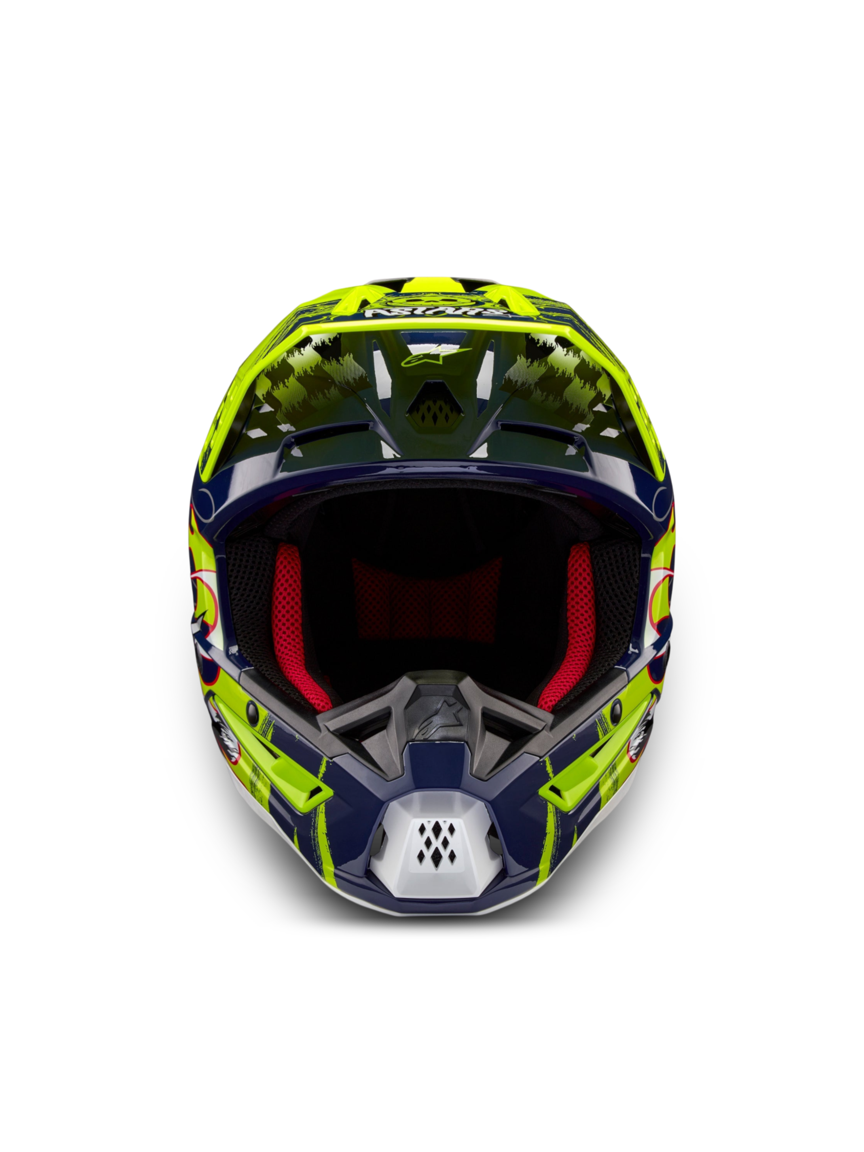 Alpinestars S-M5 Rash Helm, Motocrosshelm in Nachtmarine und Gelb Fluo, ECE 22.06, Frontansicht mit roter Polsterung.