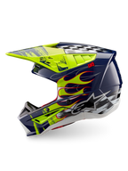 Alpinestars S-M5 Rash Helm, Motocross-Helm in Nachtmarine und Gelb Fluo Glänzend, ECE 22.06, mit Flammen- und Schachbrett-Grafiken.