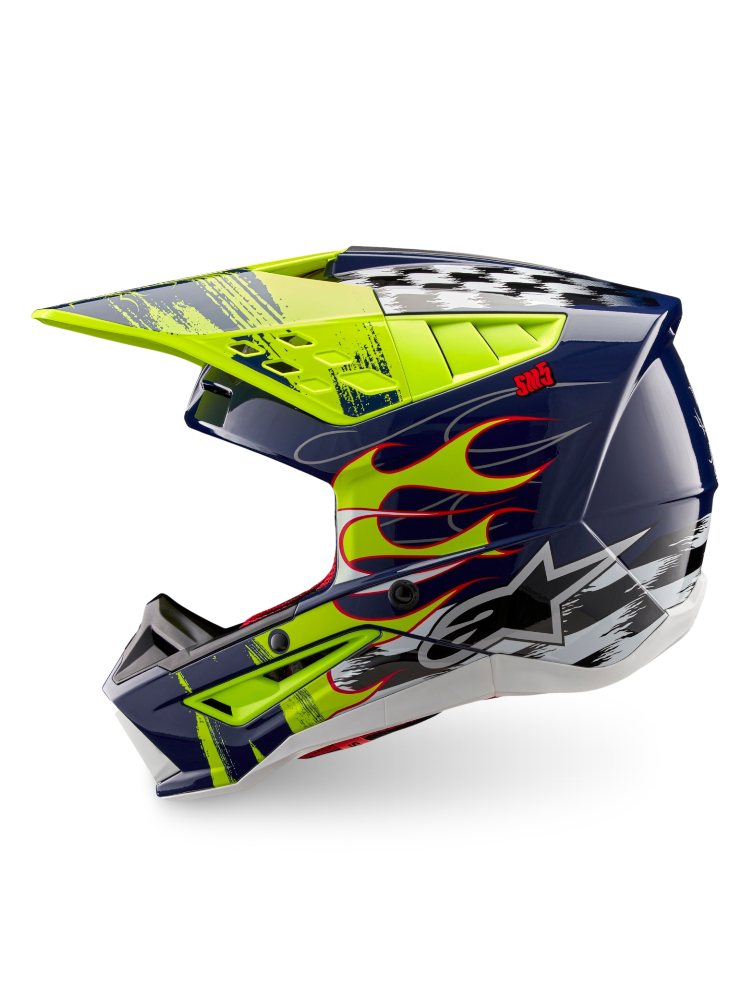 Alpinestars S-M5 Rash Helm, Motocross-Helm in Nachtmarine und Gelb Fluo Glänzend, ECE 22.06, mit Flammen- und Schachbrett-Grafiken.