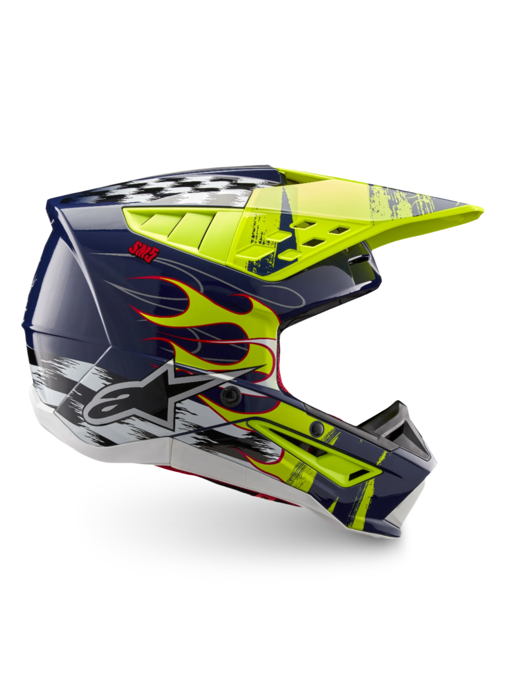 Alpinestars S-M5 Rash Helm ECE 22.06, Motocross-Helm in Marineblau und Gelb Fluo Glänzend mit Flammen-Grafik.