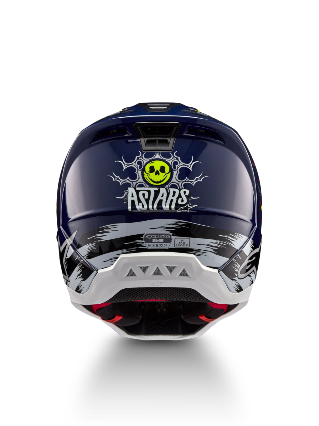 Alpinestars S-M5 Rash Helm ECE 22.06, Motocross-Helm in Nachtmarine und Gelb Fluo, mit Schädel-Grafik hinten und CE-Zertifizierung.