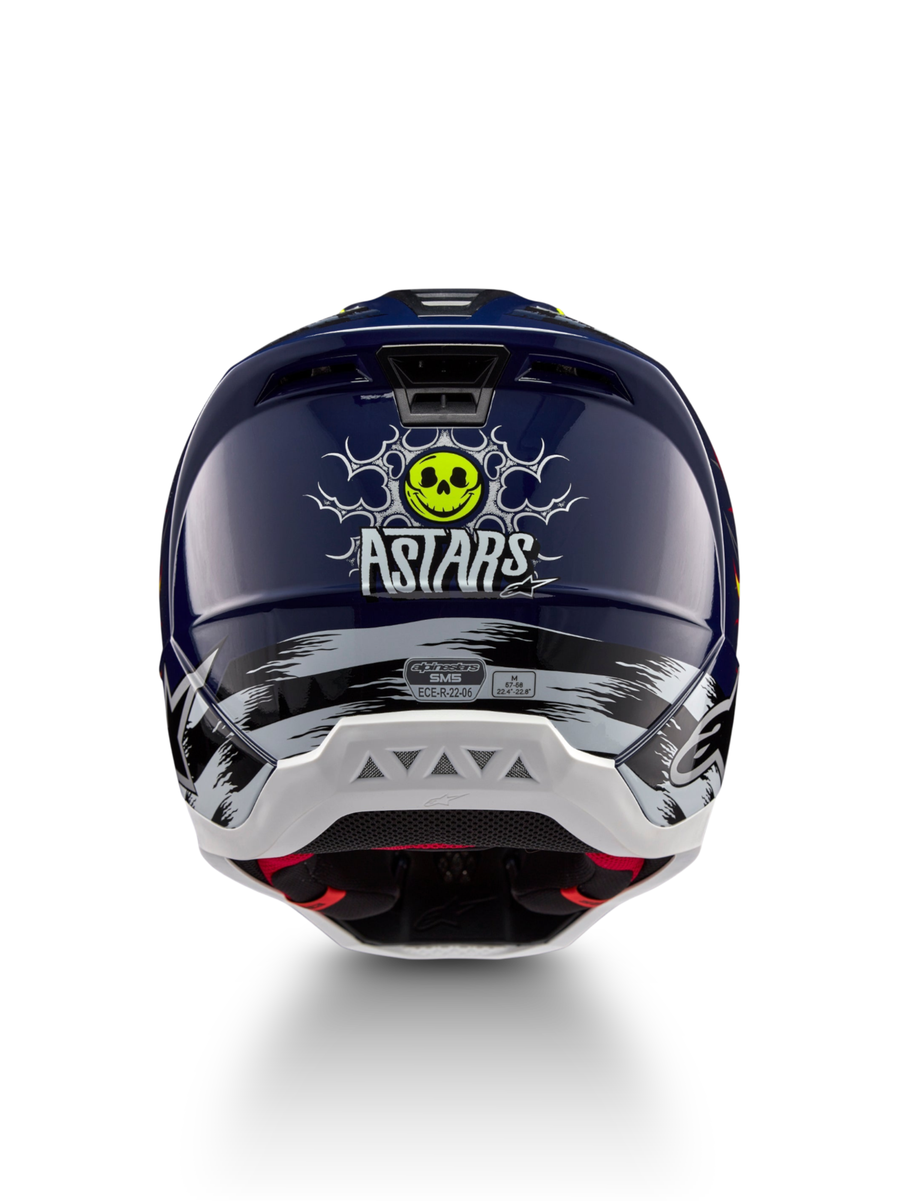 Alpinestars S-M5 Rash Helm ECE 22.06, Motocross-Helm in Nachtmarine und Gelb Fluo, mit Schädel-Grafik hinten und CE-Zertifizierung.