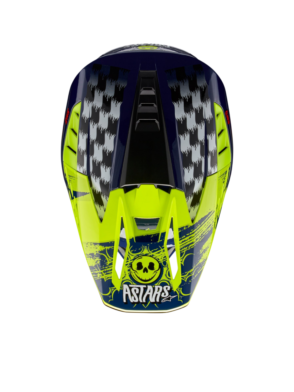 Alpinestars S-M5 Rash Motocross-Helm in Nachtmarine und Neongelb mit karierter Grafik und Astars-Totenkopf-Logo.