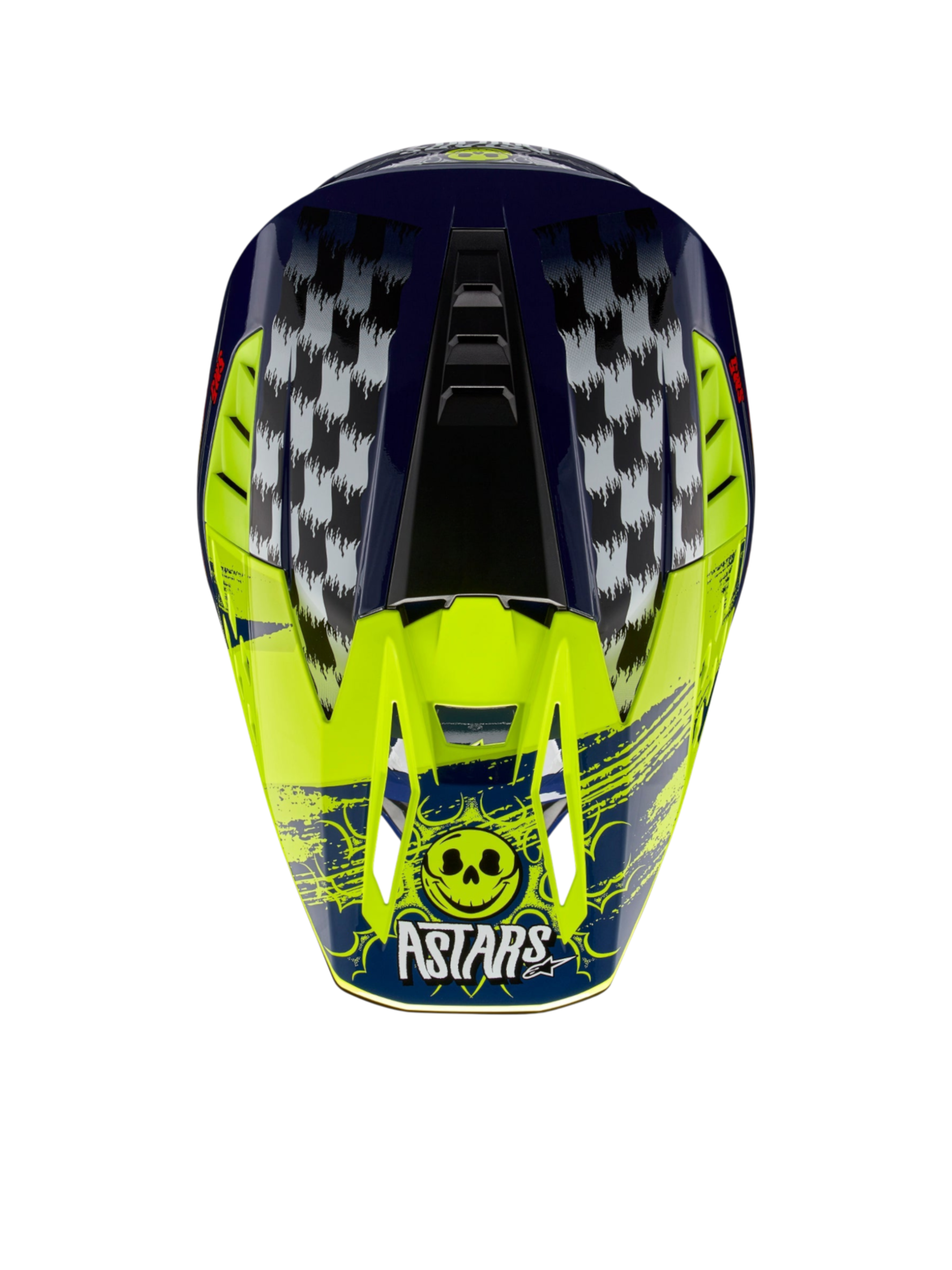 Alpinestars S-M5 Rash Motocross-Helm in Nachtmarine und Neongelb mit karierter Grafik und Astars-Totenkopf-Logo.