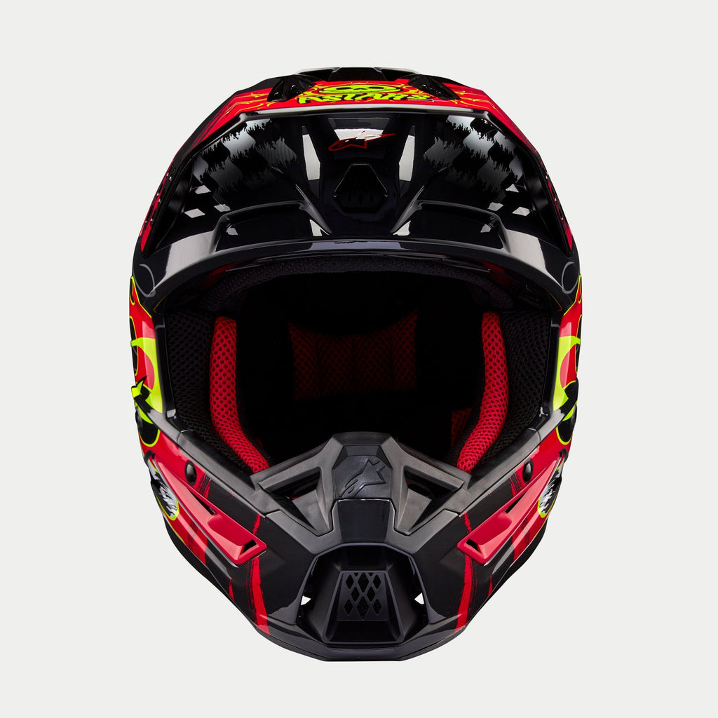 Alpinestars S-M5 Rash Helmet ECE, Motocross Helmet, Dark Gray and Bright Red Glossy with neon yellow accents, front view showing the chin bar and red mesh interior padding, aerodynamic shell with bold graphic design for off-road racing
