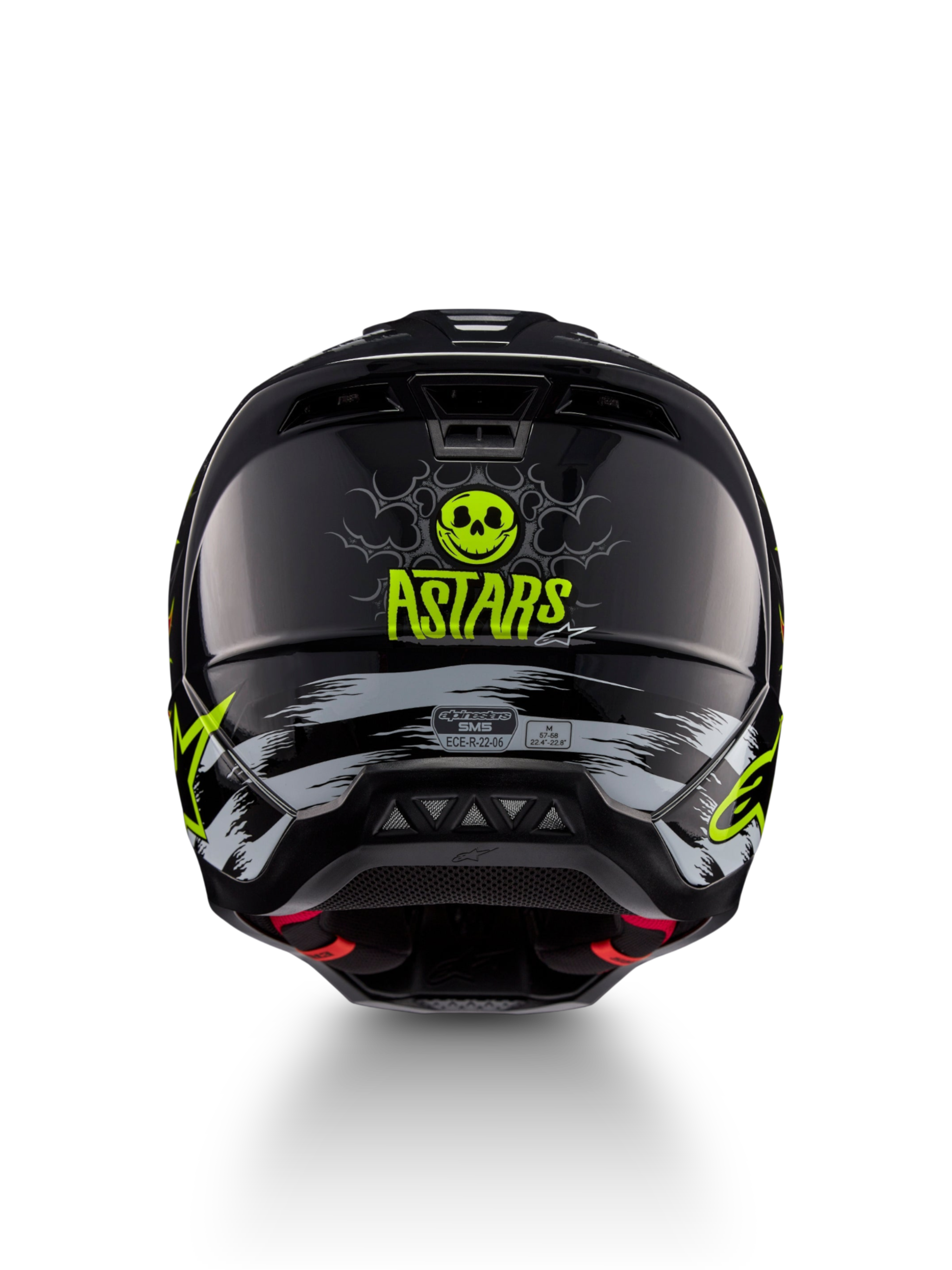 Alpinestars S-M5 Rash Helmet, black and neon yellow motocross helmet with skull graphic, rear view, ECE 22.06 certified.