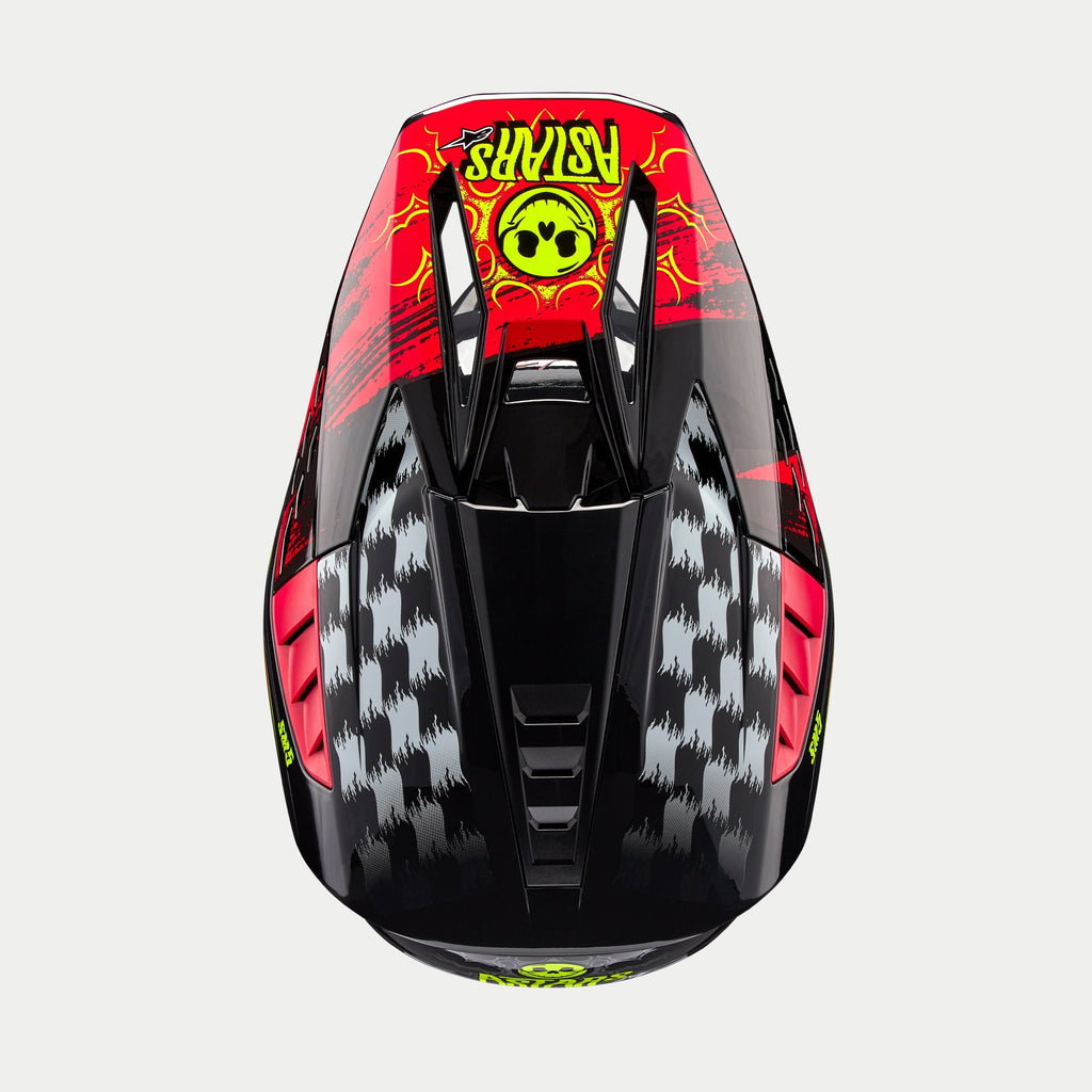 Alpinestars S-M5 Rash Helmet ECE, Motocross Helmet, Top view in Dark Gray Bright Red Glossy, featuring neon yellow skull and ASTARS logo on the peak, black and gray checkered pattern, aerodynamic design for off-road racing