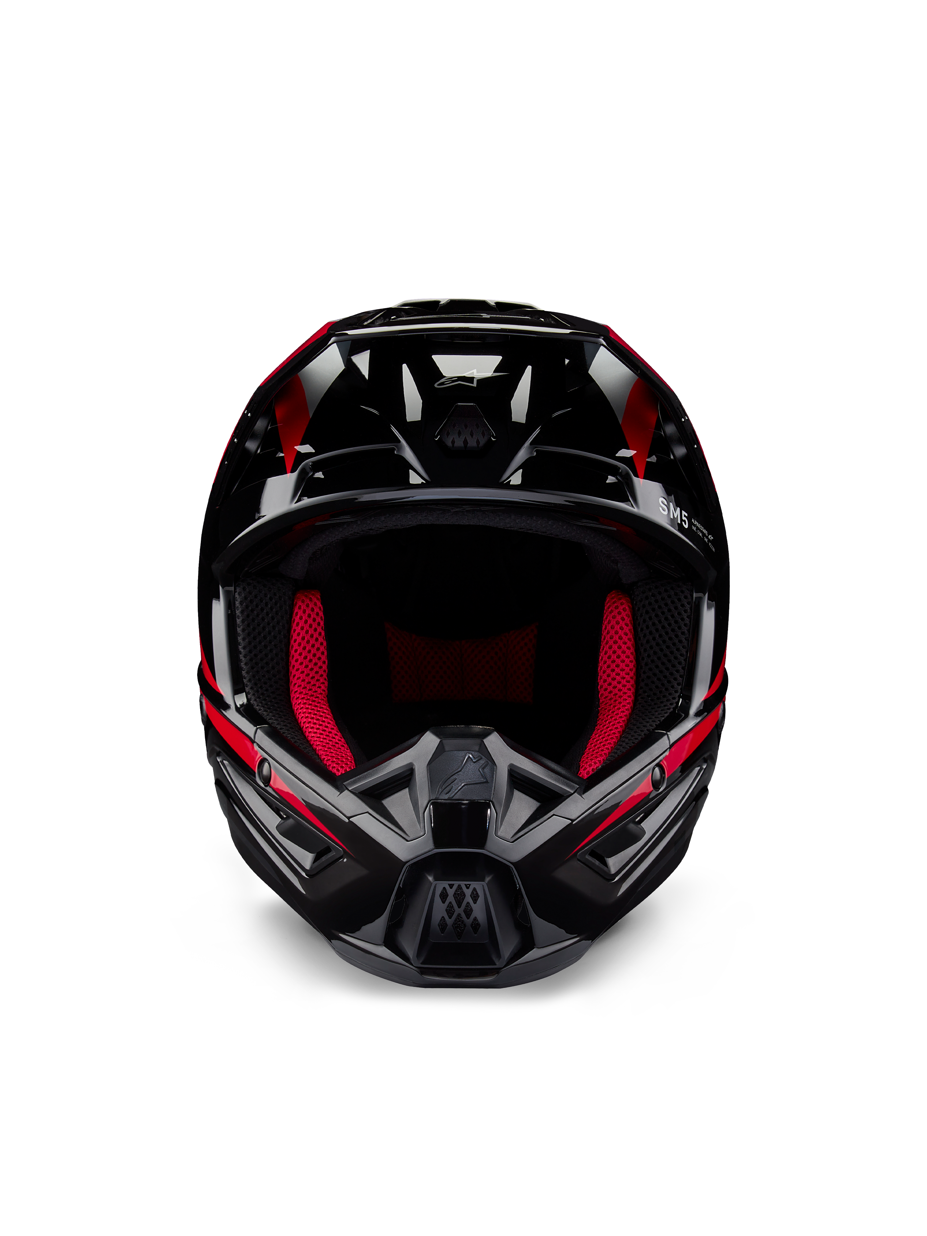 Alpinestars Honda S-M5 ECE Helm, Motocross-Helm, Schwarz-Rot glänzend, Frontansicht mit glänzendem schwarzem Finish und roten Grafiken, leuchtend rote Innenpolsterung, kantiges Design mit mehreren Lufteinlässen, Hochleistungsschutz für Motocross