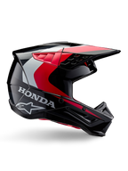 Honda S-M5 Helm, Motocross-Helm, Schwarz-Rot glänzend mit weißen und silbernen Akzenten, Seitenansicht mit Honda- und Alpinestars-Logos, aerodynamisches Design mit Visier und mehreren Belüftungsöffnungen, professionelle Offroad-Schutzausrüstung