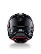 Alpinestars Honda S-M5 Helm ECE, Motocross-Helm, Schwarz Rot Glänzend, Rückansicht zeigt glänzend schwarze Schale mit weißen Honda- und Alpinestars-Logos, rotem Innenfutter und ECE-Sicherheitszertifizierungsetikett