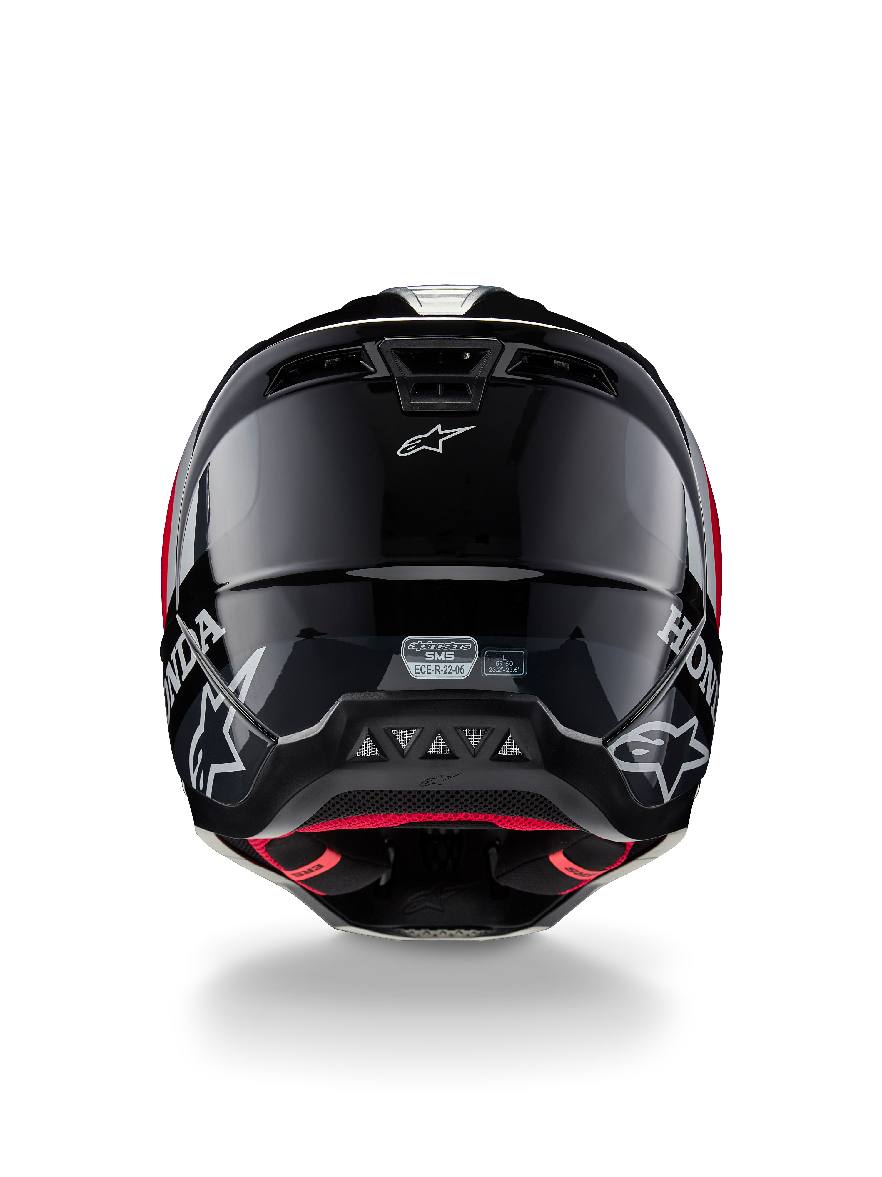 Alpinestars Honda S-M5 Helm ECE, Motocross-Helm, Schwarz Rot Glänzend, Rückansicht zeigt glänzend schwarze Schale mit weißen Honda- und Alpinestars-Logos, rotem Innenfutter und ECE-Sicherheitszertifizierungsetikett