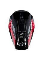 Honda S-M5 Helm ECE, Motocross-Helm, Schwarz Rot Glänzend mit roten und silbernen Grafikstreifen, Draufsicht mit aerodynamischer Schale und belüftetem Visier, Alpinestars- und Honda-Logos, Hochleistungs-Offroad-Ausrüstung