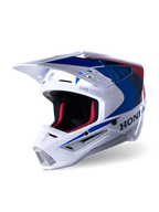 Alpinestars Honda S-M5 Helm ECE, Motocross-Helm, Weiß, Blau und Rot glänzend, mit markantem Honda-Branding an der Seite, roter Mesh-Innenpolsterung, aerodynamisches Visier mit integrierten Belüftungsöffnungen, elegantes Grafikdesign für den Offroad-Rennsport