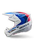 Alpinestars Honda S-M5 Helm ECE, Weiß Blau Rot Glänzend, Seitenprofil-Ansicht, mit auffälligem Honda-Branding und Alpinestars Stern-Logo, aerodynamisches Motocross-Design mit mehreren Belüftungsöffnungen und einem markanten Helmschild, glänzendes Finish