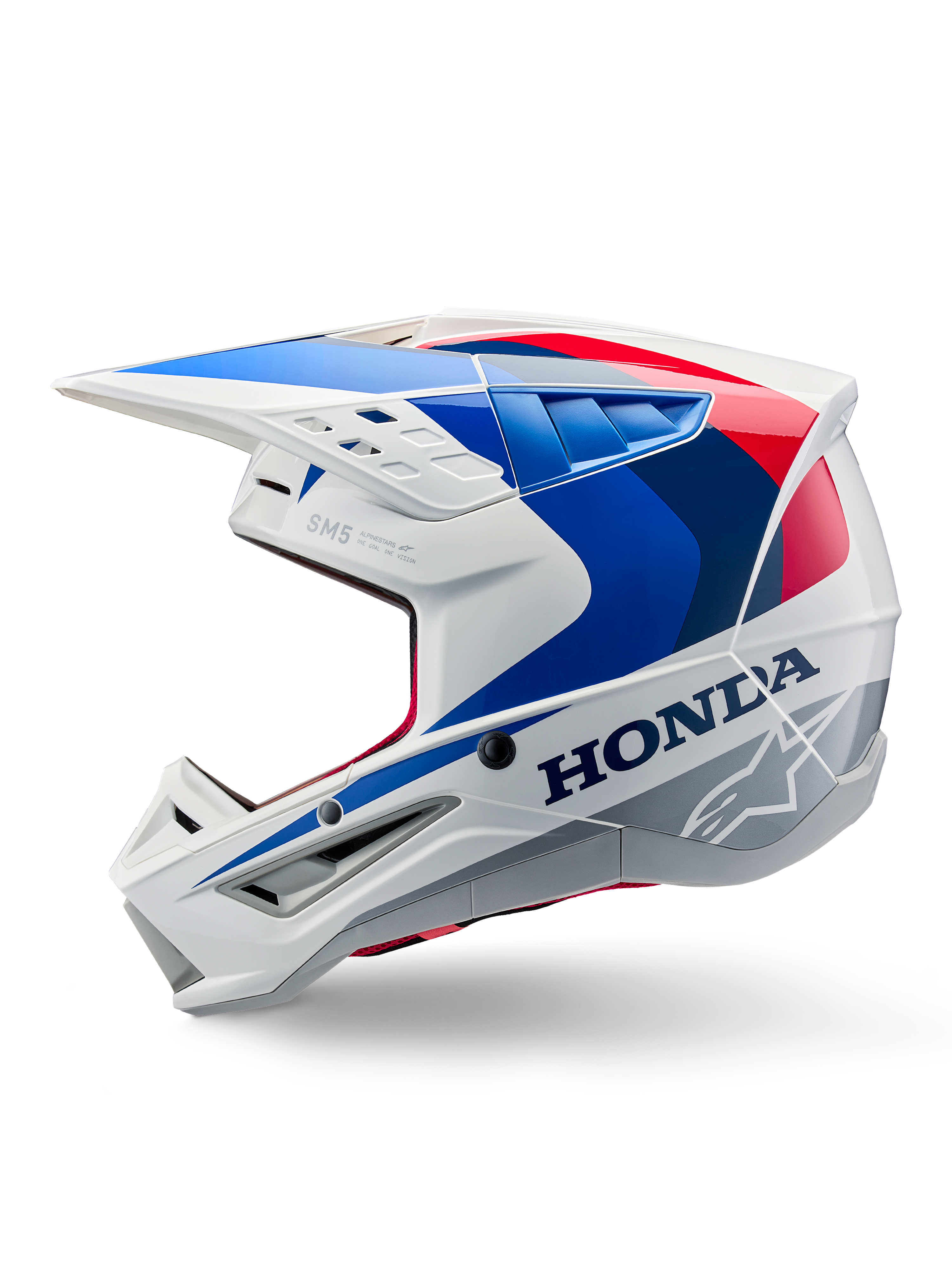 Alpinestars Honda S-M5 Helm ECE, Weiß Blau Rot Glänzend, Seitenprofil-Ansicht, mit auffälligem Honda-Branding und Alpinestars Stern-Logo, aerodynamisches Motocross-Design mit mehreren Belüftungsöffnungen und einem markanten Helmschild, glänzendes Finish