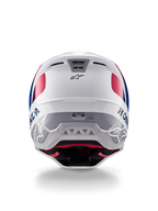Alpinestars Honda S-M5 Helm ECE, Motocross-Helm, Weiß, Blau und Rot glänzend, Rückansicht mit Honda- und Alpinestars-Branding, schlanke Schale mit integrierten Belüftungsauslassöffnungen und ECE-Zertifizierungslabel.
