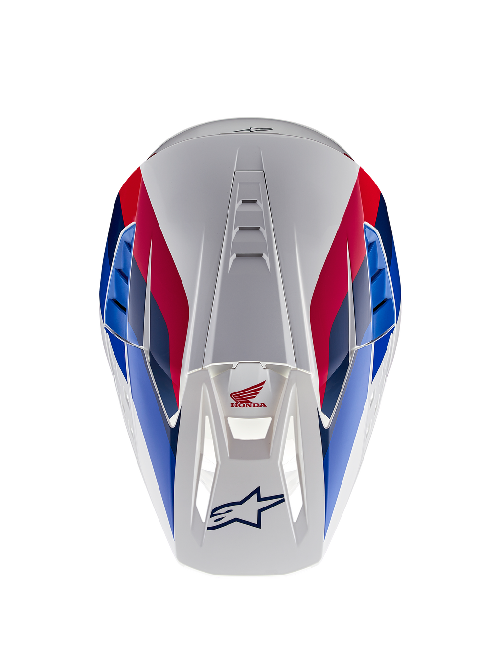Alpinestars Honda S-M5 Helm ECE, Motocross-Helm, Weiß-Blau-Rot Glänzend, Draufsicht mit Fokus auf Belüftungskanäle, rot-blaue Grafiken mit Honda- und Alpinestars-Logos