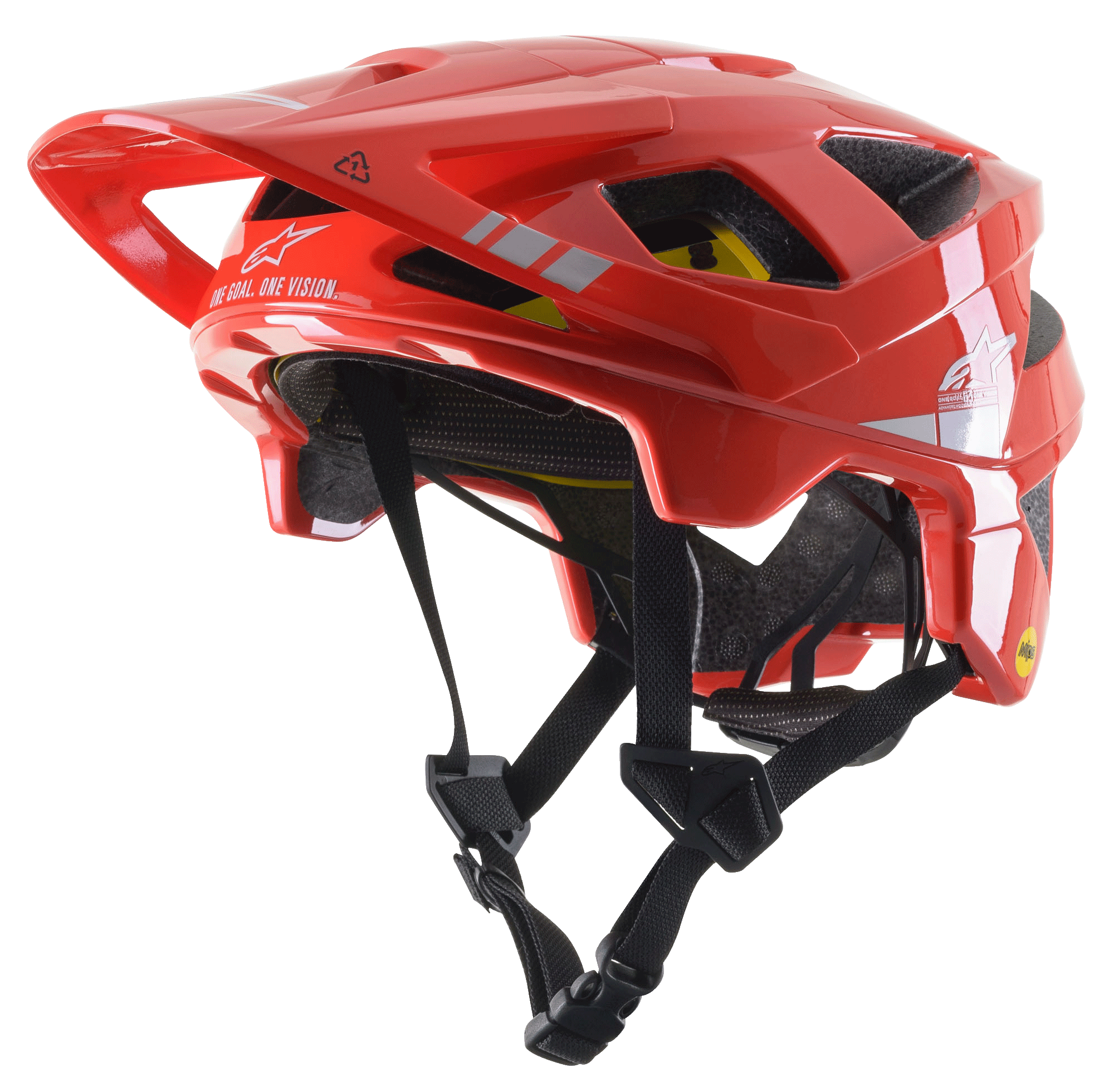 Alpinestars Vector Tech A2 MTB-Helm, leuchtendes Rot mit hellgrauen glänzenden Akzenten, weiße Alpinestars-Logos und Grafiken, verstellbares Visier, mehrere Belüftungsöffnungen, schwarze Kinnriemen, leichtes Mountainbike-Design