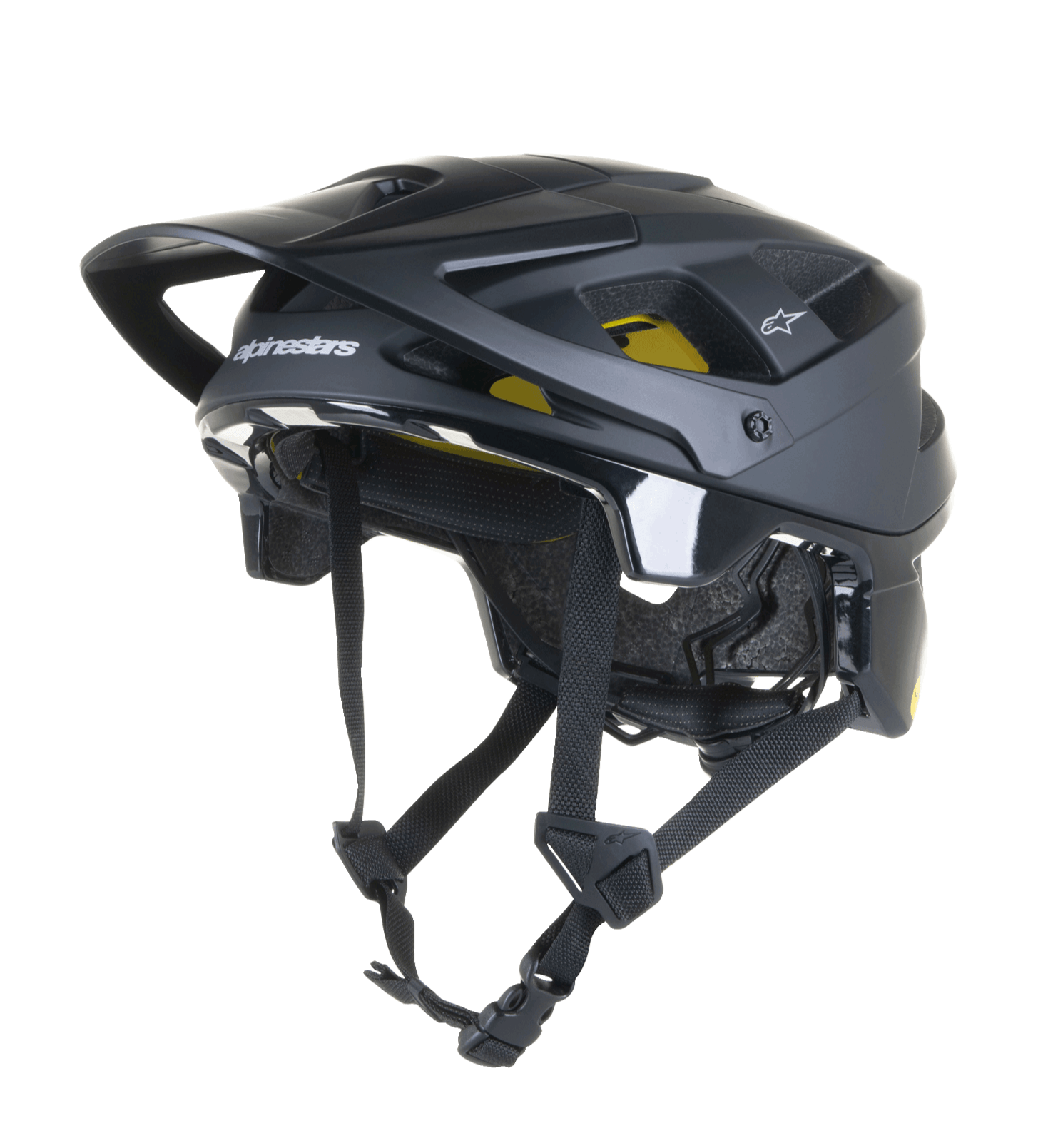Alpinestars Vector Tech Solid Helm, schwarzer MTB-Mountainbike-Helm, mattes und glänzendes Finish mit 19 Belüftungsöffnungen, gelbe MIPS-Innenpolsterung, verstellbares Visier und Riemen, leichter Schutz für Trail- und All-Mountain-Fahrten