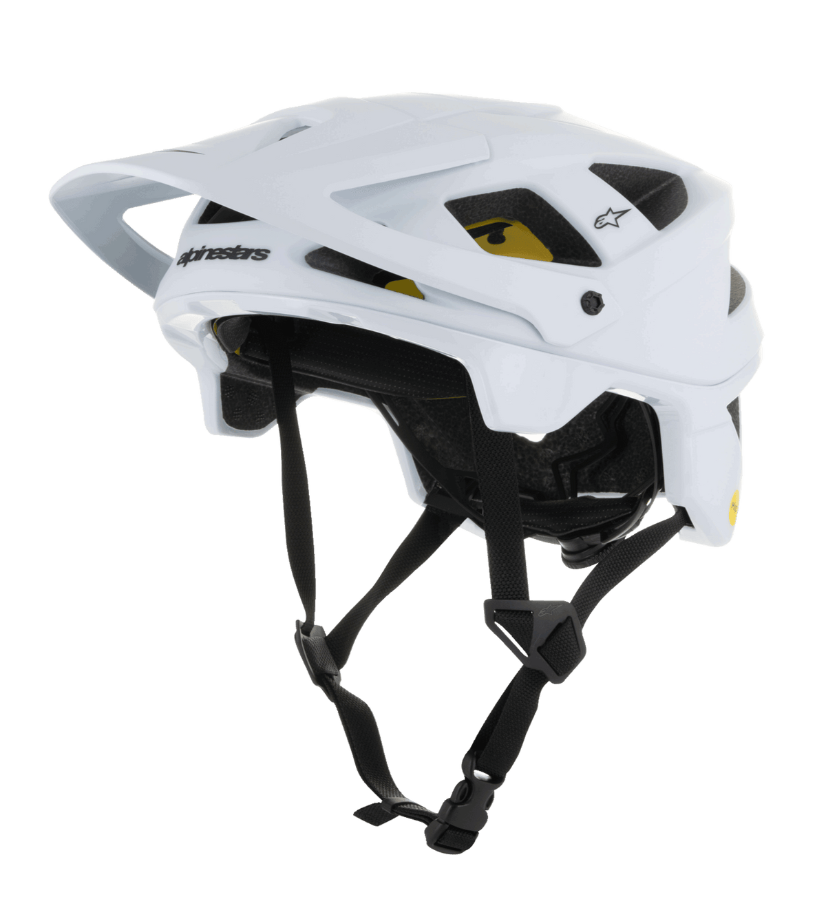 Alpinestars Vector Tech Solid Helmet, MTB Mountain Bike Helmet, White Matt and Glossy, featuring an angular design with multiple air vents, black adjustable chin straps, yellow Mips interior padding, and an adjustable front visor