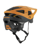 Alpinestars Vector Tech Zeal Helmet, MTB Helmet, Black and Dark Gold, rear-side view showing multiple ventilation ports, adjustable visor, and secure black chin strap, protective mountain bike gear with Alpinestars branding