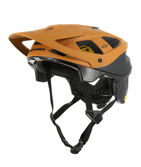 Alpinestars Vector Tech Zeal Helmet, MTB Mountain Biking Helmet, Orange and Black with yellow Mips logo, featuring a large front visor, multiple ventilation ports, and an adjustable chin strap, designed for off-road trail protection
