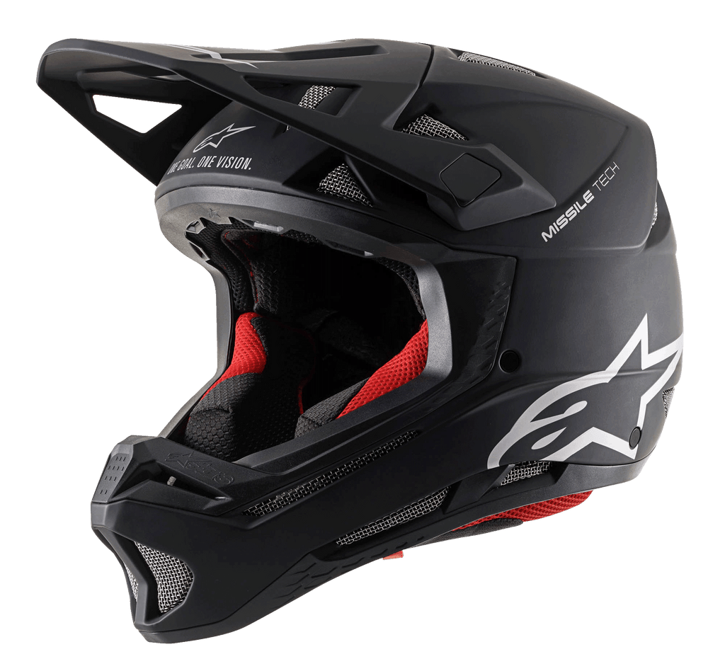 Alpinestars Missile Tech Solid Fullface-Helm, Schwarz Matt, rote Polsterung und Belüftungsgitter für Downhill-MTB.