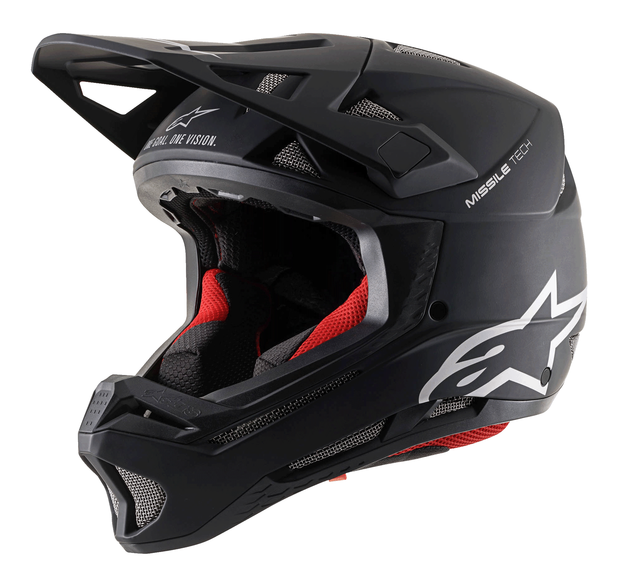 Alpinestars Missile Tech Solid Fullface-Helm, Schwarz Matt, rote Polsterung und Belüftungsgitter für Downhill-MTB.