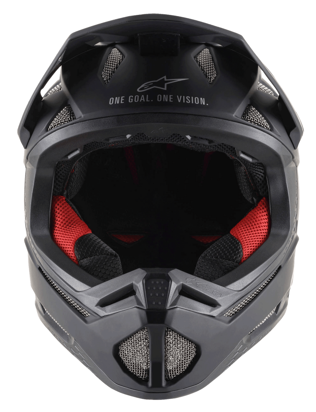 Missile Tech Solid Helm in Schwarz Matt, Fullface-MTB-Helm mit roter Polsterung und Mesh-Belüftungsöffnungen.