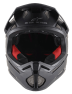 Missile Tech Solid Helm in Schwarz Matt, Fullface-MTB-Helm mit roter Polsterung und Mesh-Belüftungsöffnungen.