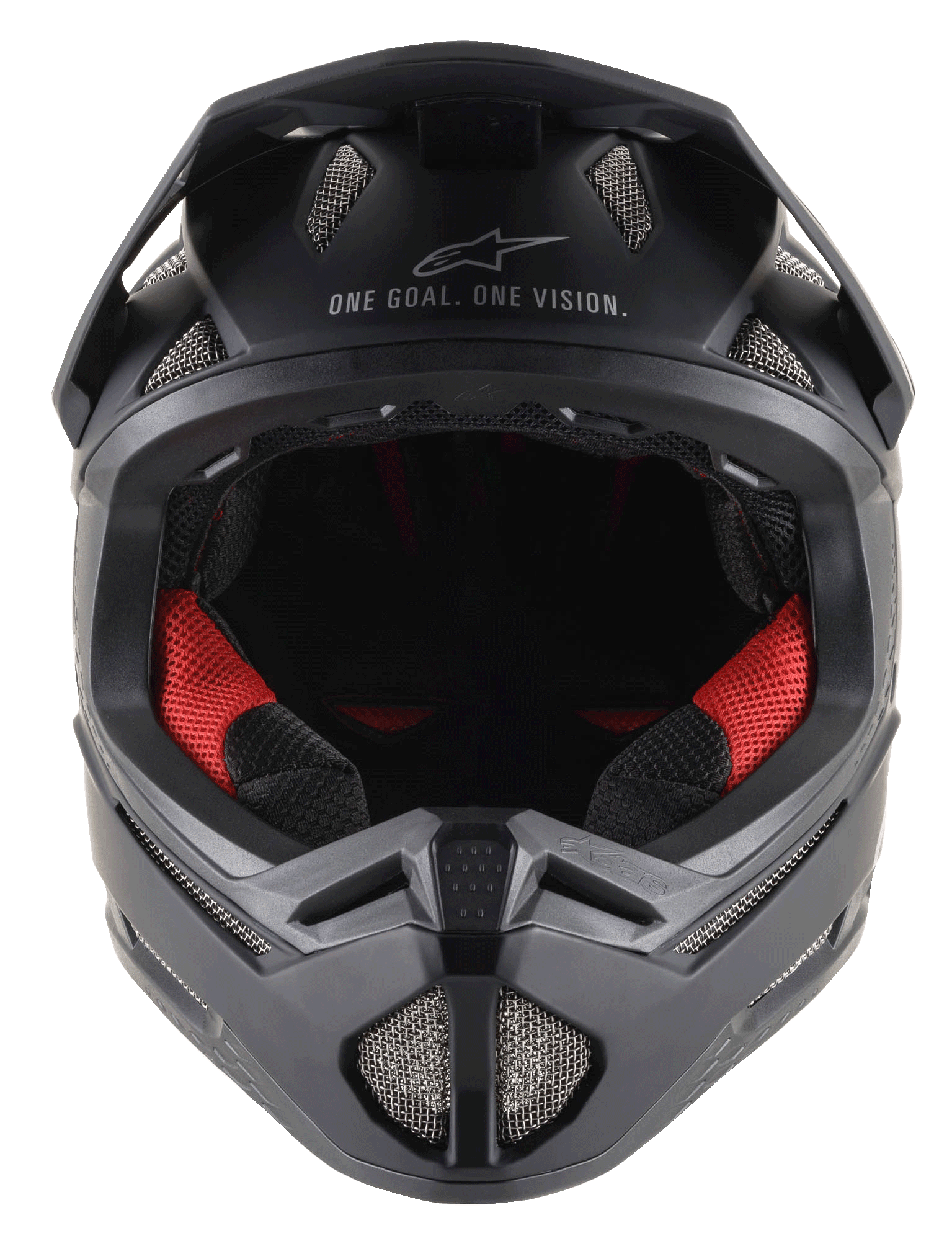 Missile Tech Solid Helm in Schwarz Matt, Fullface-MTB-Helm mit roter Polsterung und Mesh-Belüftungsöffnungen.