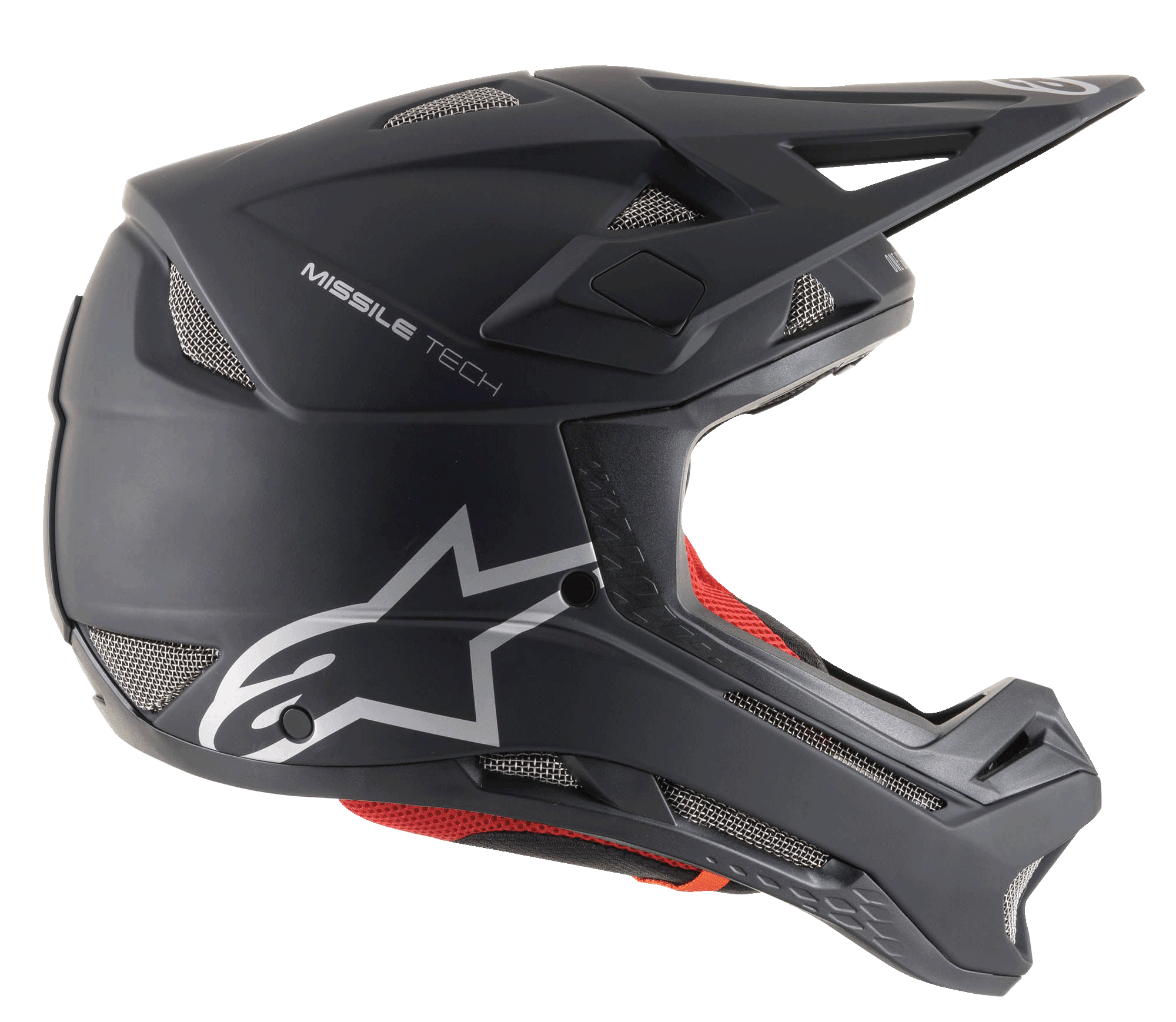 Alpinestars Missile Tech Solid Helmet in Black Matt, full-face downhill MTB helmet featuring mesh vents and silver logo.