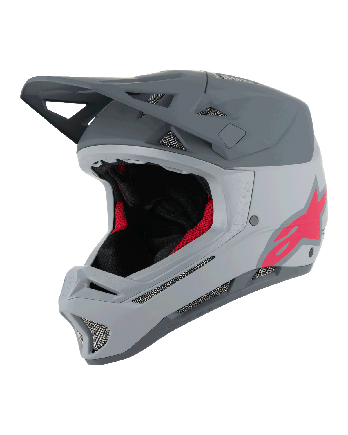 Alpinestars Missile Tech Racer Helm, Full-Face MTB-Helm, Hellgrau und Dunkelgrau Matt mit pinkem Astars-Logo, Aerodynamisches Visier, Mehrere Belüftungsöffnungen mit Mesh, Schwarze und rote Innenpolsterung, Downhill-Mountainbike-Ausrüstung