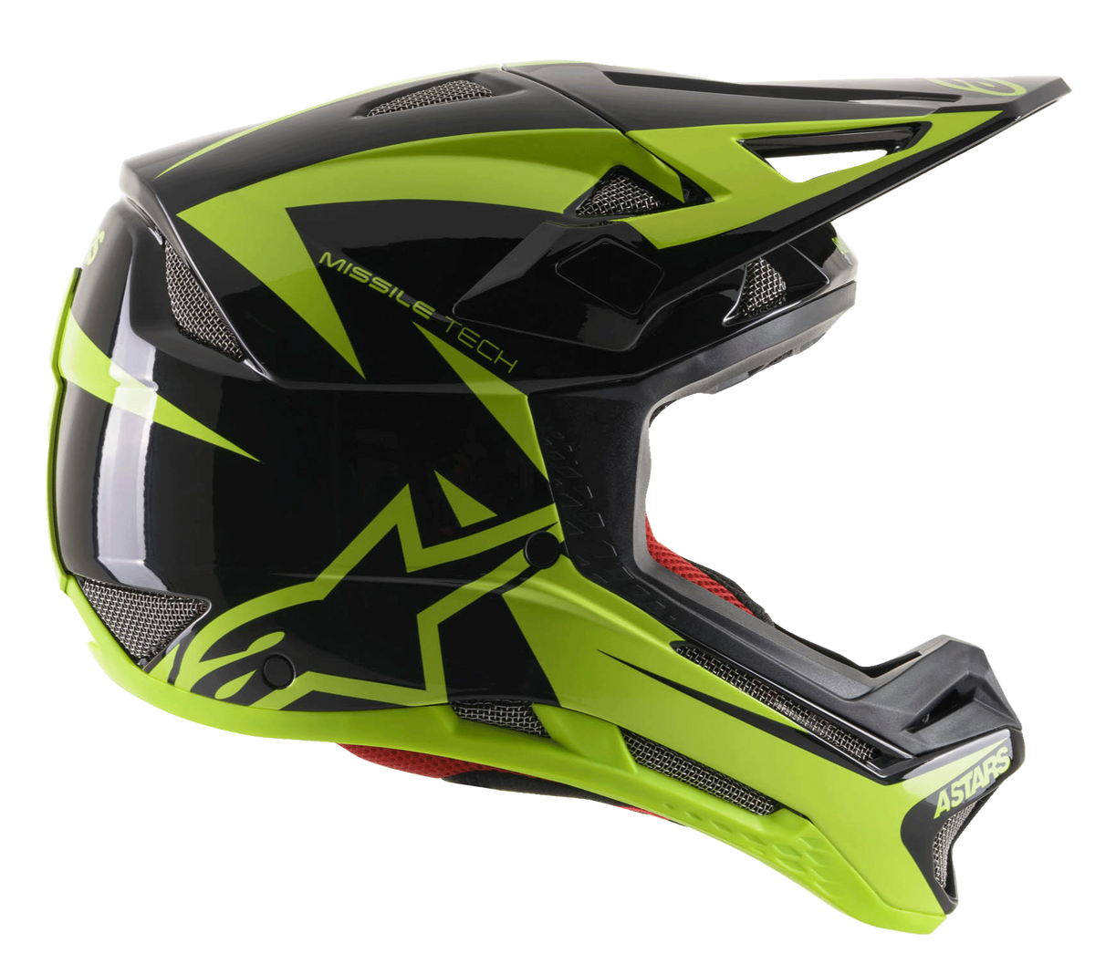 Alpinestars Missile Tech-Air Full Face Helmet, Downhill MTB Helmet, Black and Yellow Fluo Glossy, side profile view featuring aerodynamic mesh vents, large fluorescent yellow star logo and MISSILE TECH branding, red inner lining, sleek performance design for mountain biking