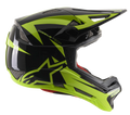 Alpinestars Missile Tech-Air Full Face Helmet, Downhill MTB Helmet, Black and Yellow Fluo Glossy, side profile view featuring aerodynamic mesh vents, large fluorescent yellow star logo and MISSILE TECH branding, red inner lining, sleek performance design for mountain biking