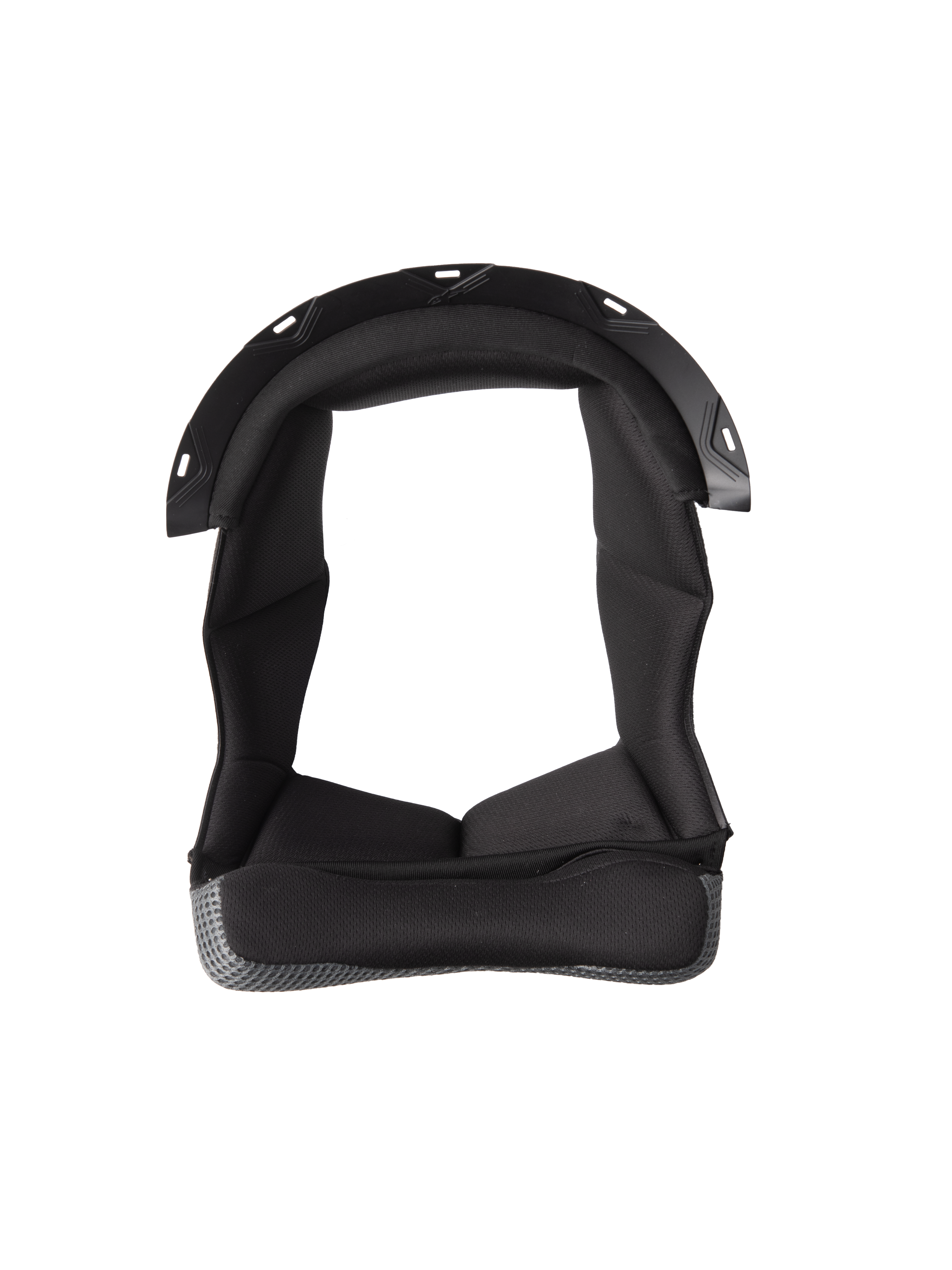 Alpinestars S-M7 Crown Pad, Black helmet liner with U-shaped design, cushioned interior with textured fabric, grey mesh material border, plastic snap-connection points, motorcycle helmet comfort and protection padding