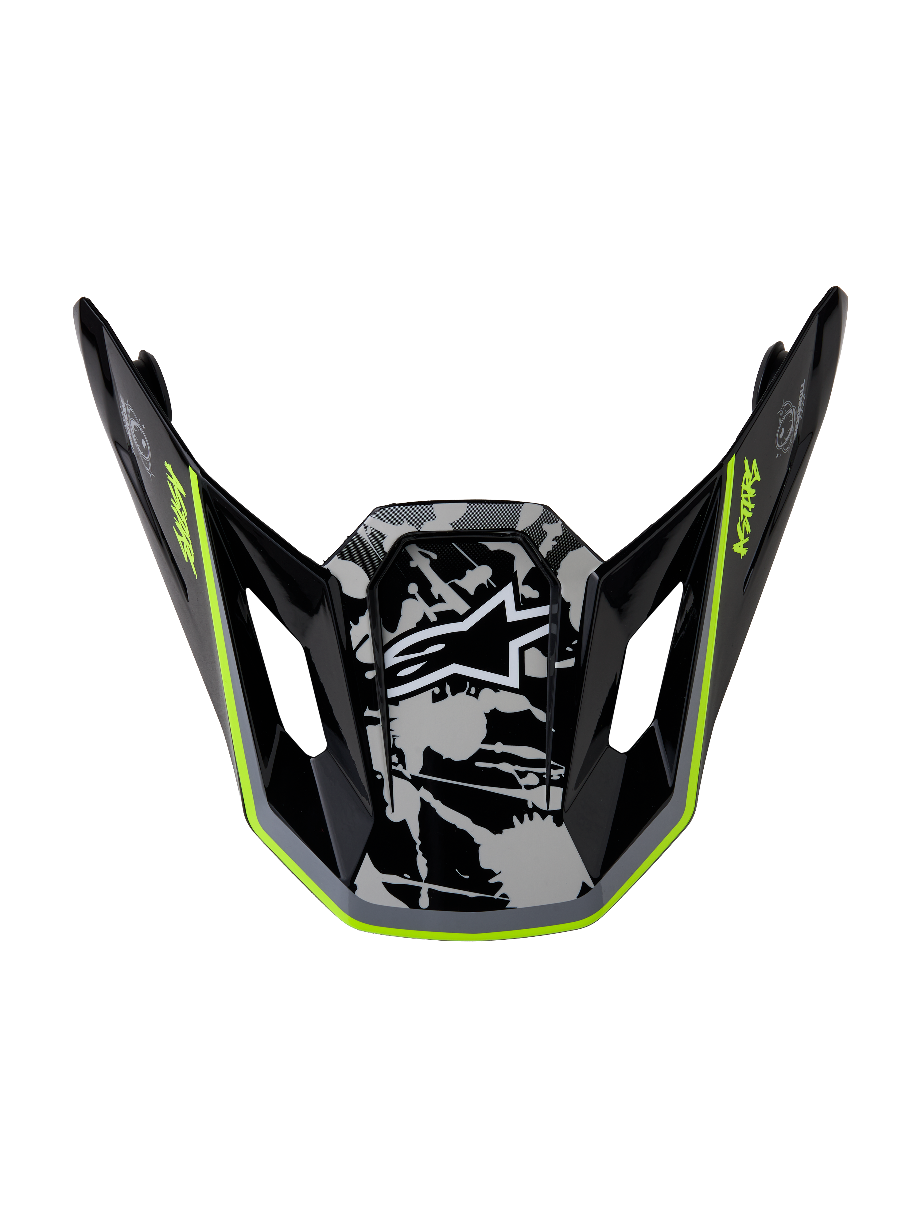 Alpinestars S-M7 Blaster Visier, Motocross-Helmzubehör in Schwarz, Grau und Fluo-Gelb mit Splatter-Grafik, Offroad-Design.