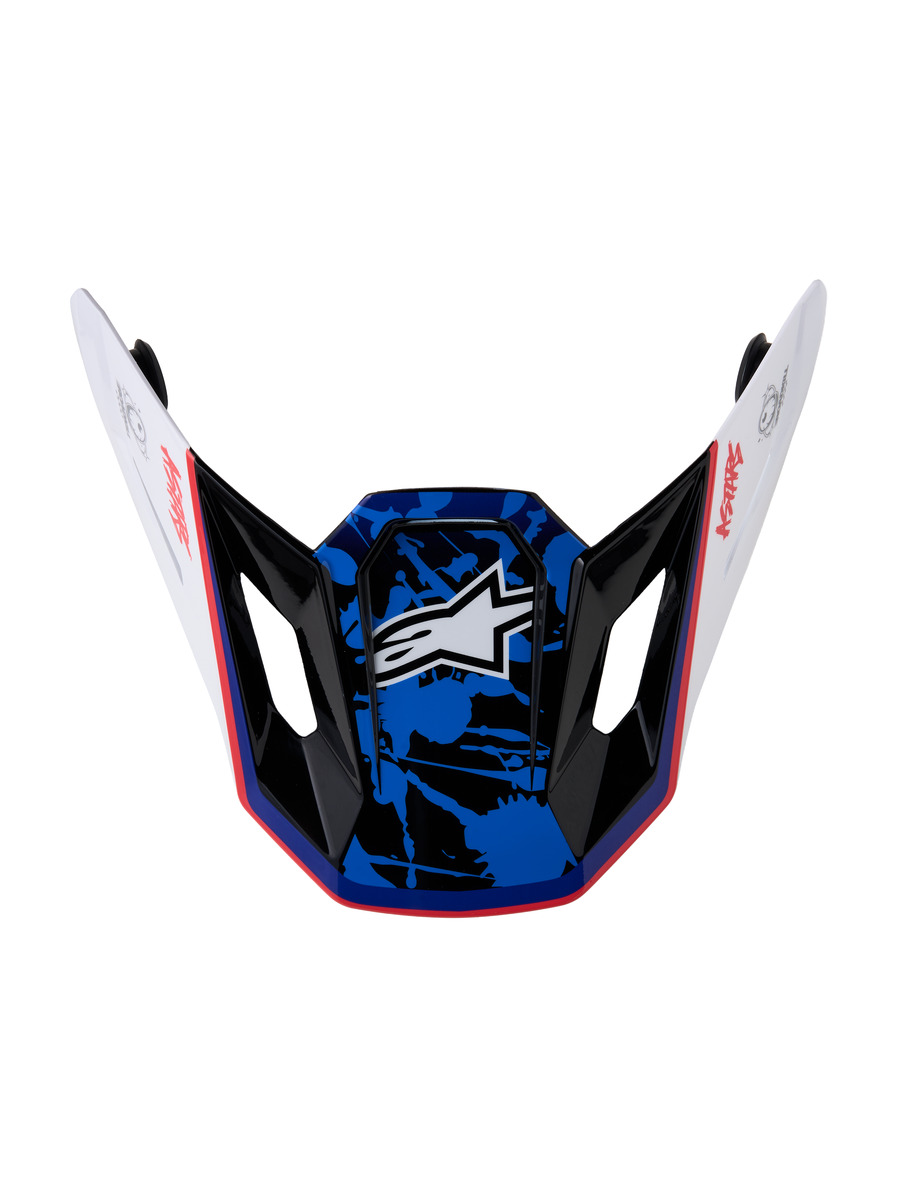 Alpinestars S-M7 Blaster Visier, Motocross-Helm-Ersatzvisier, Weiß, Blau und Rot, glänzend mit Splatter-Grafik.