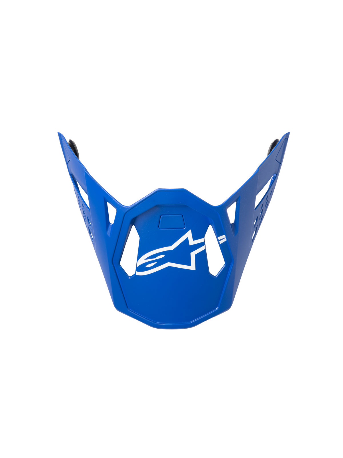 Alpinestars Supertech M10 Flood Visor, Motocross Helmet Visor, Blue with White Logo, featuring a geometric angular design with ventilation cutouts, sleek contour, official replacement part for off-road racing helmets