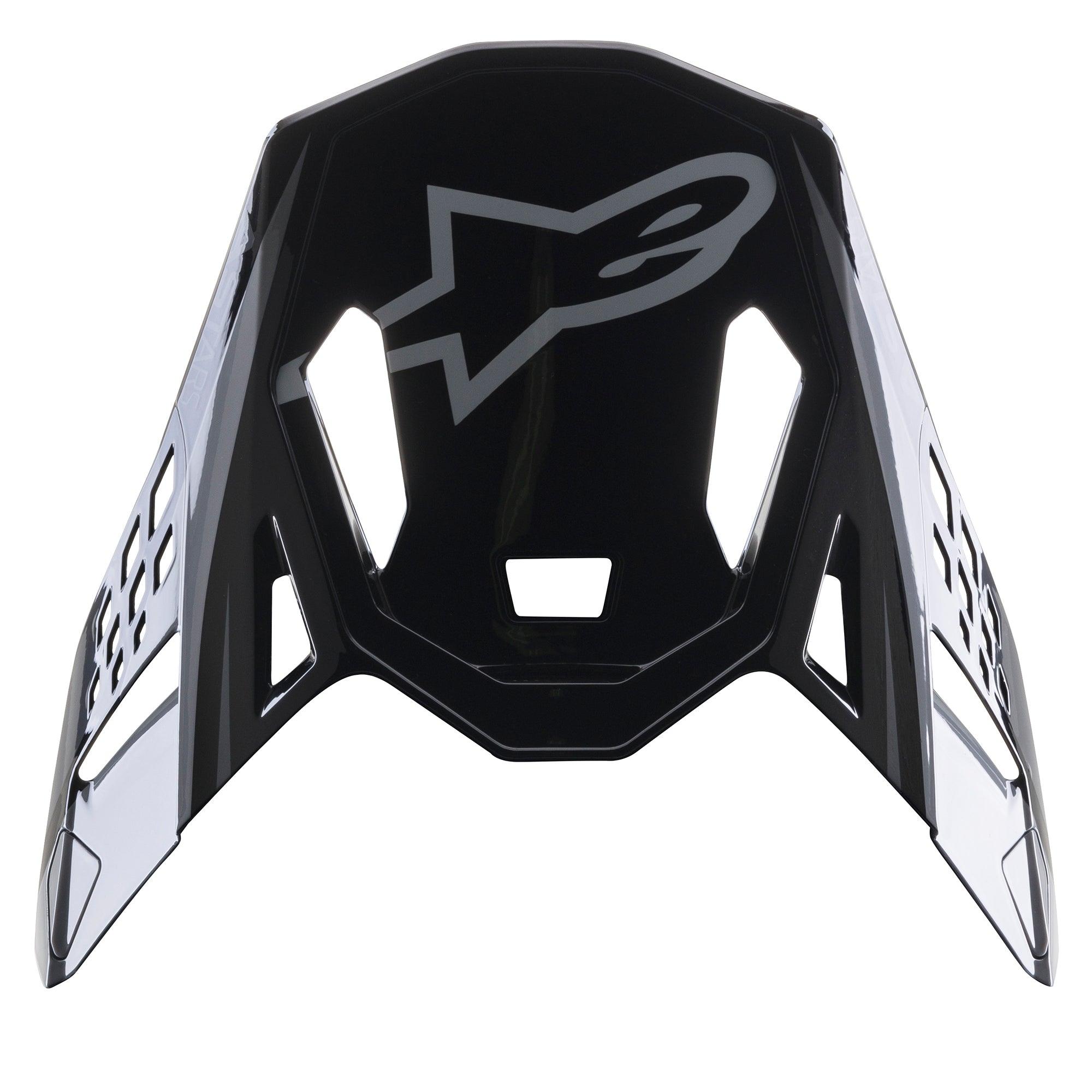 Alpinestars Supertech M10 Carbon Meta2 Visier, Motocross-Helm-Zubehör, Schwarz und Grau glänzend, graues A-Star-Logo auf der Vorderseite, aerodynamisches Design mit Belüftungsausschnitten für Offroad-Rennsport