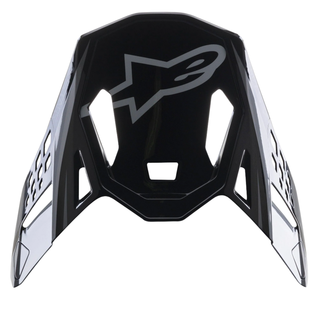 Alpinestars Supertech M10 Carbon Meta2 Visier, Ersatzvisier in Schwarz und Grau glänzend, graues Alpinestars-Logo, aerodynamische Belüftungsausschnitte, Motocross-Helmzubehör